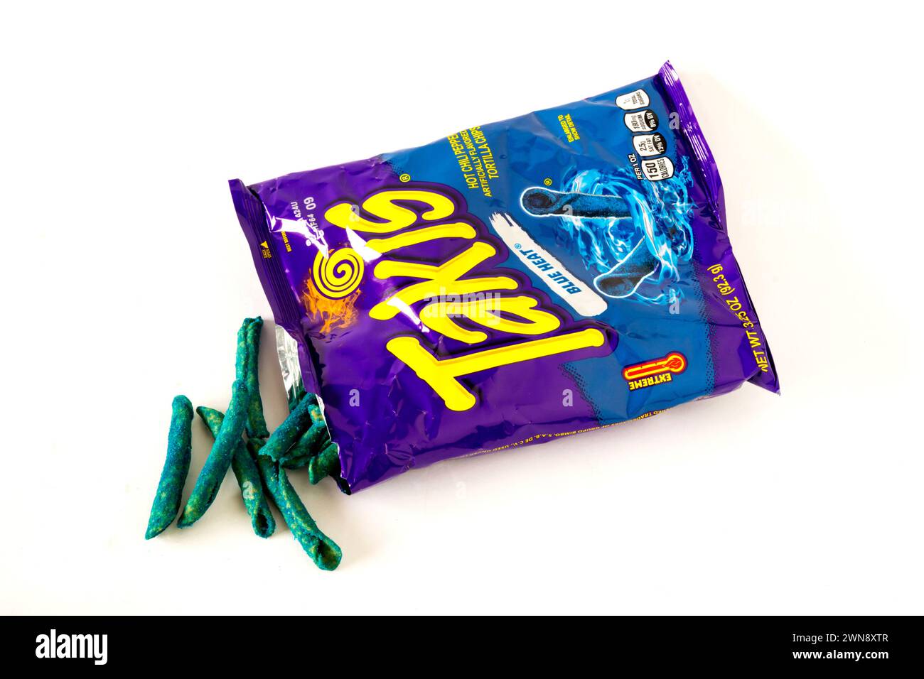 A packet of Takis, rolled tortilla chips.  Blue heat hot chili pepper flavour. Stock Photo