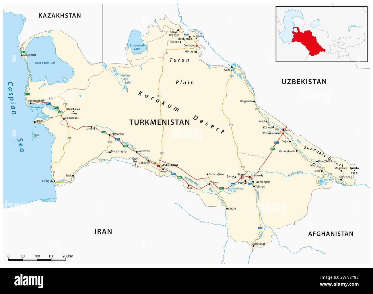 Vector road map of the Central Asian state of Turkmenistan Stock Photo