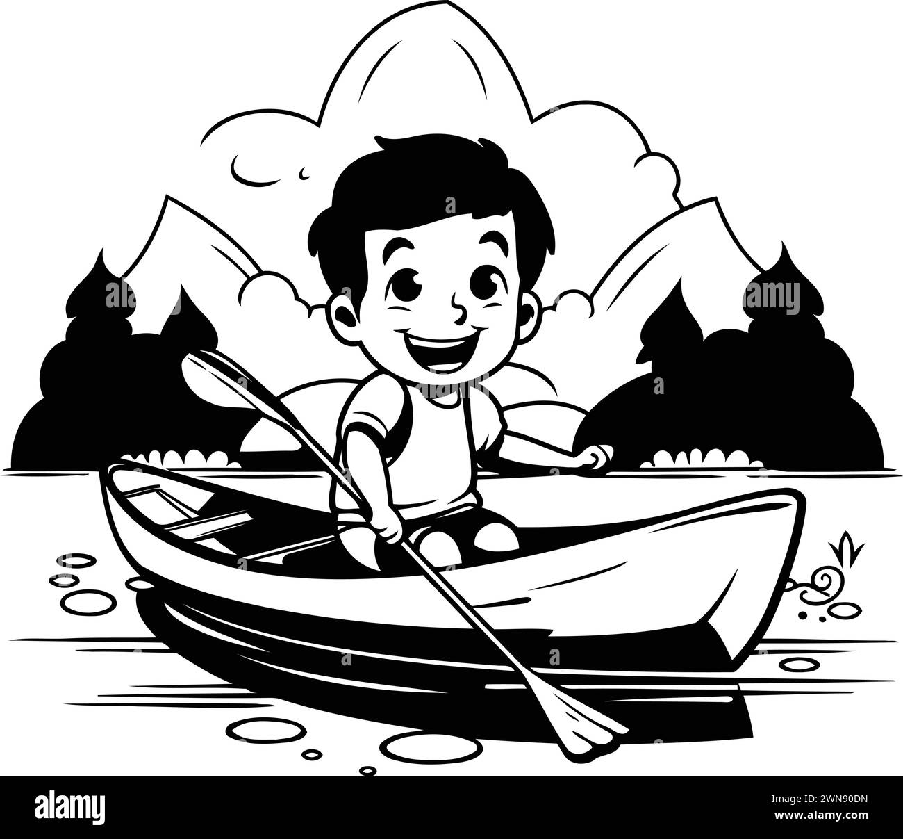 Boy rowing a boat on the lake. black and white vector illustration ...