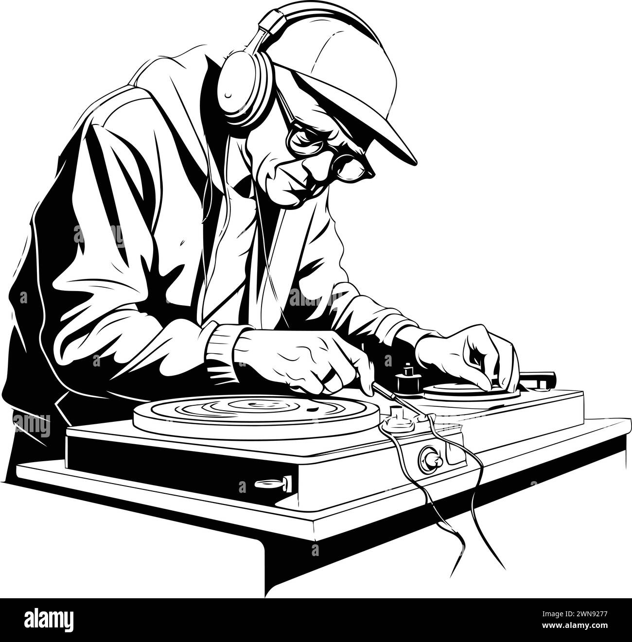 Vector illustration of a disc jockey playing on turntable. Stock Vector