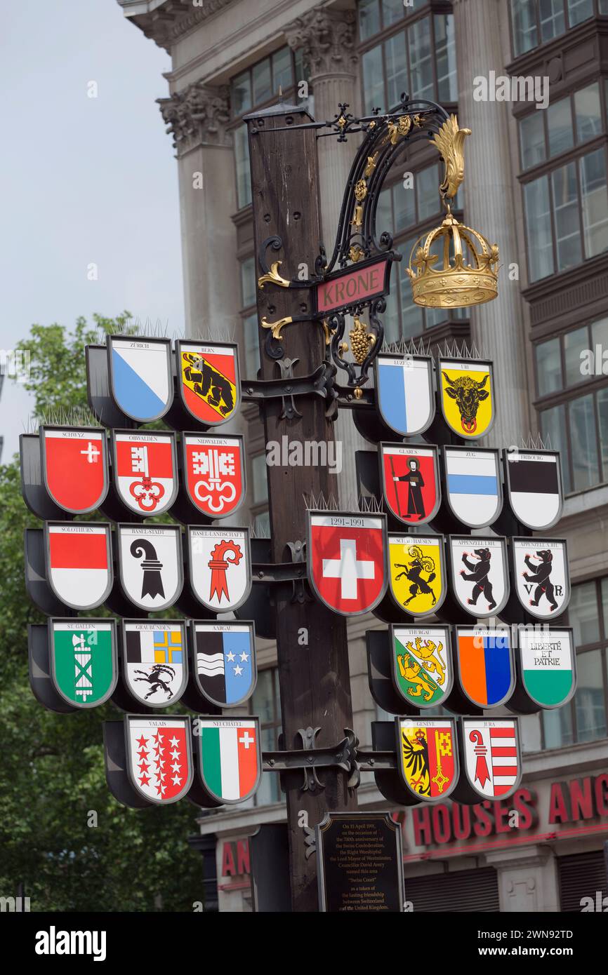 Swiss Court Cantonal Tree Leicester Square, London, United Kingdom. Stock Photo