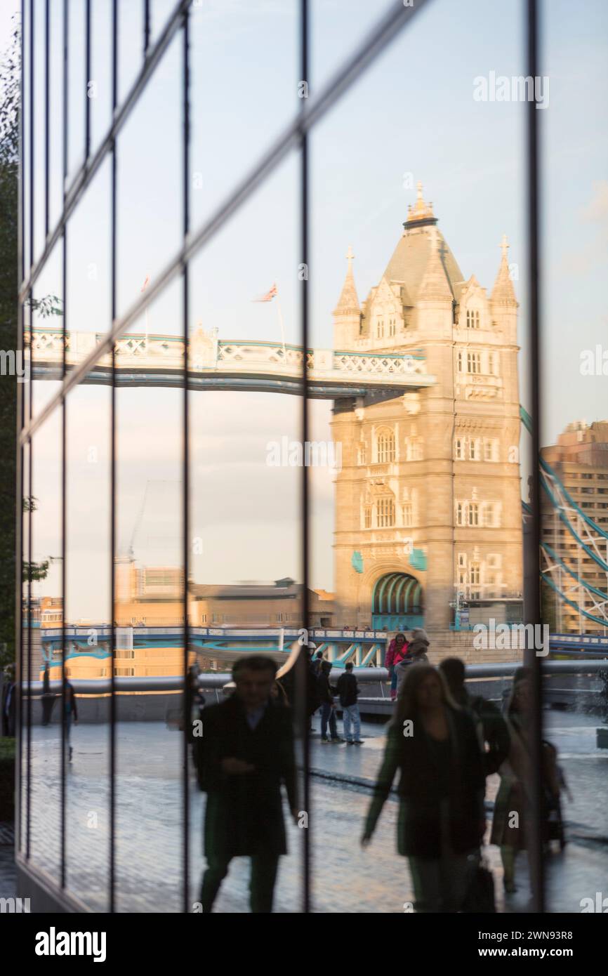 UK, London, reflection of Tower Bridge in windows. Stock Photo