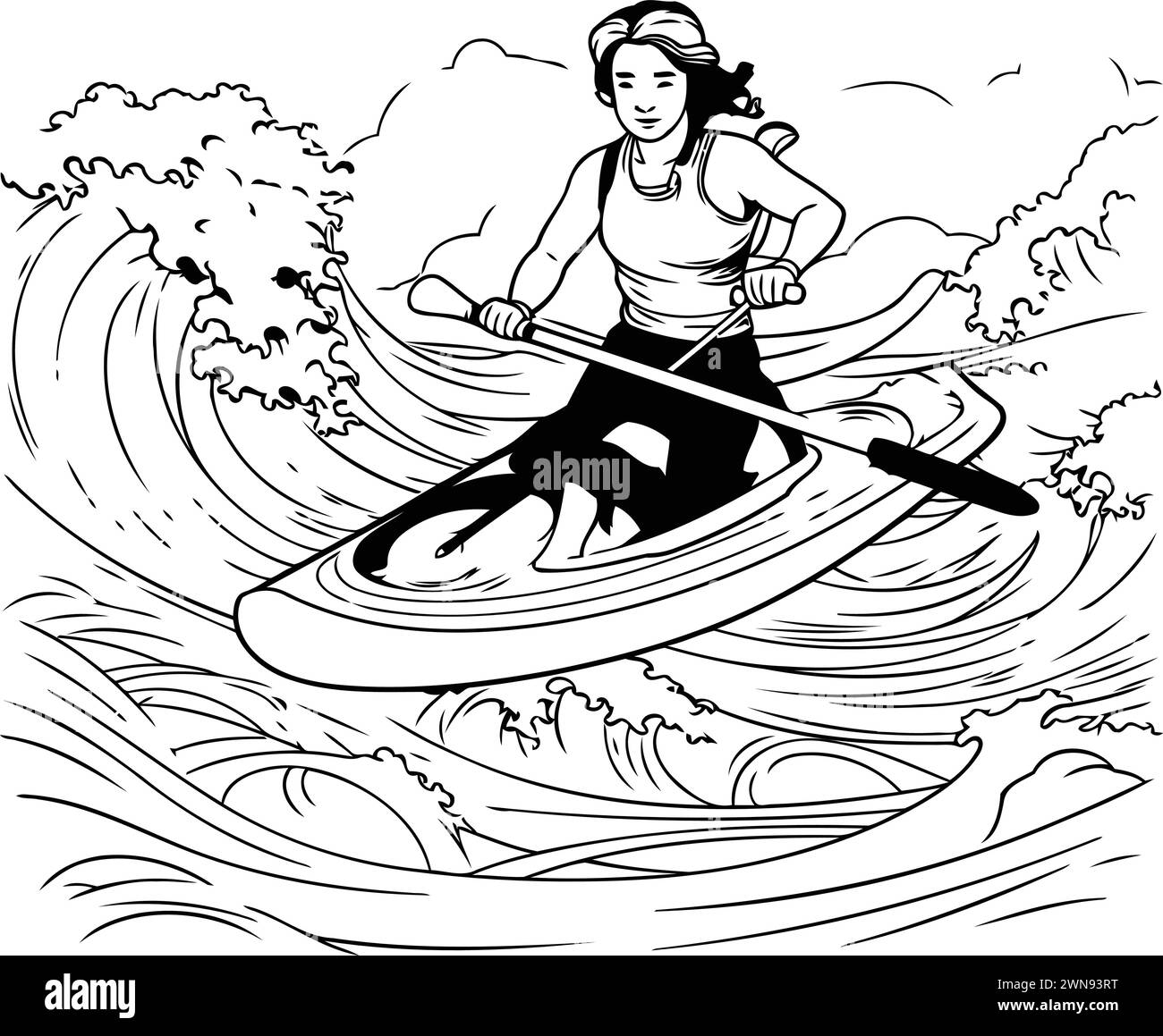 Young woman paddling on a kayak. Hand drawn vector illustration. Stock Vector