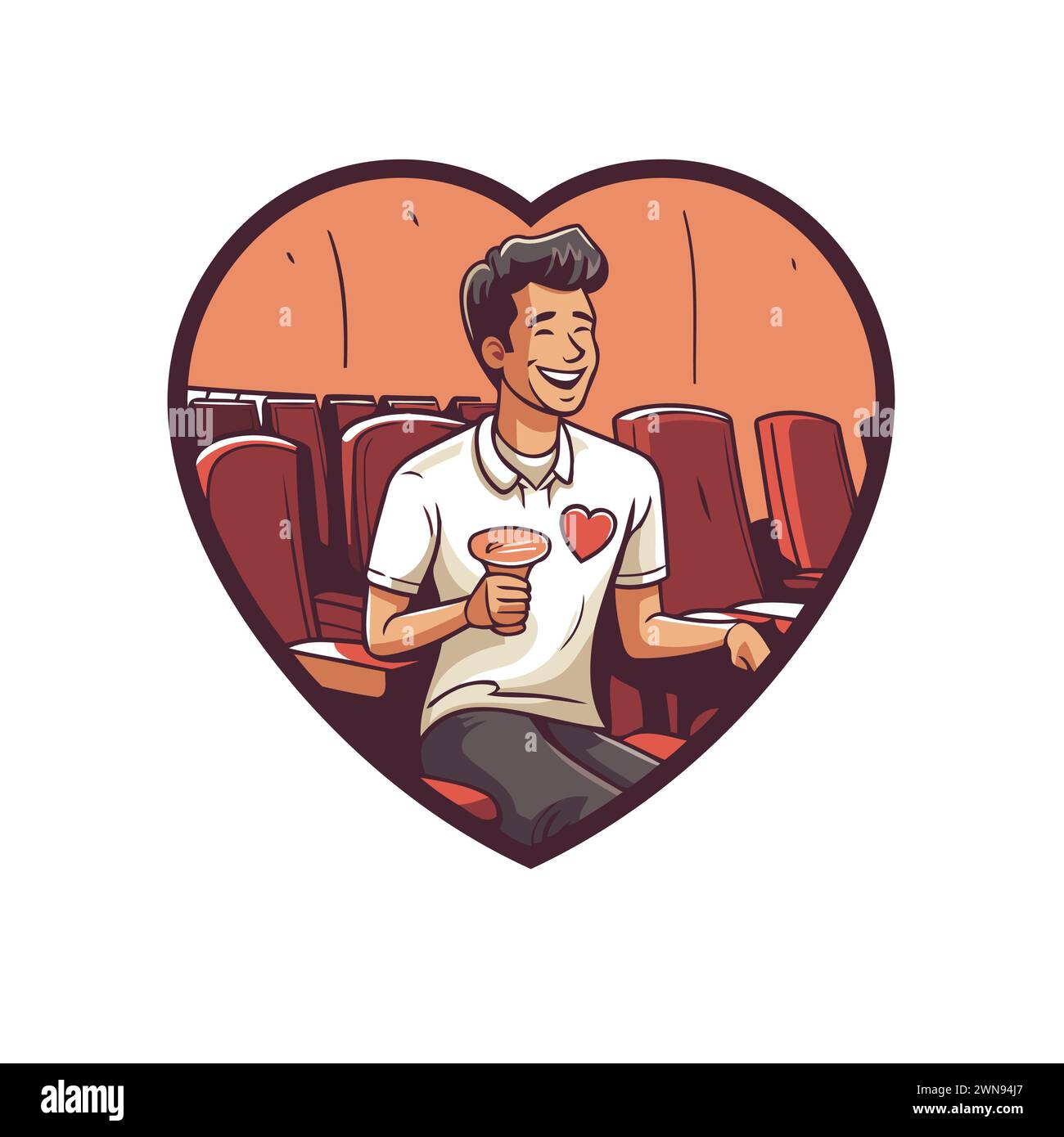 Illustration Of A Man Drinking Coffee While Watching Movie In Cinema Set Inside Heart Shape On 0869