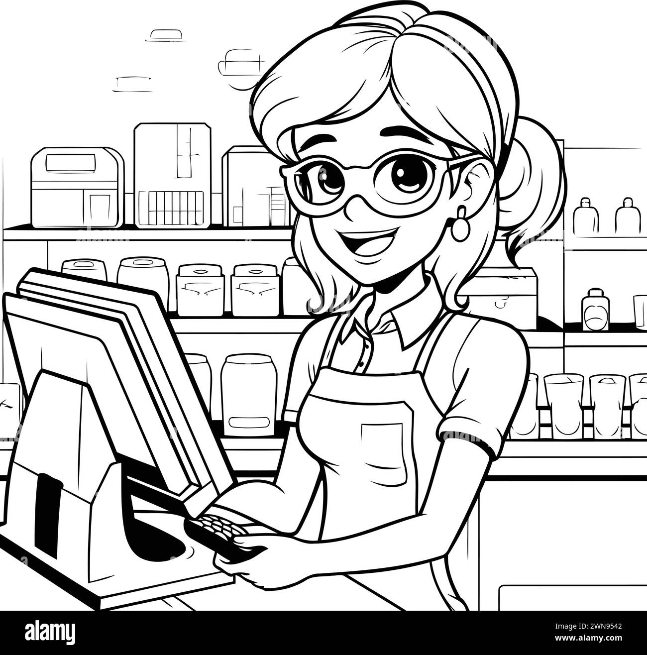 Black and white illustration of a cashier at the cash register Stock