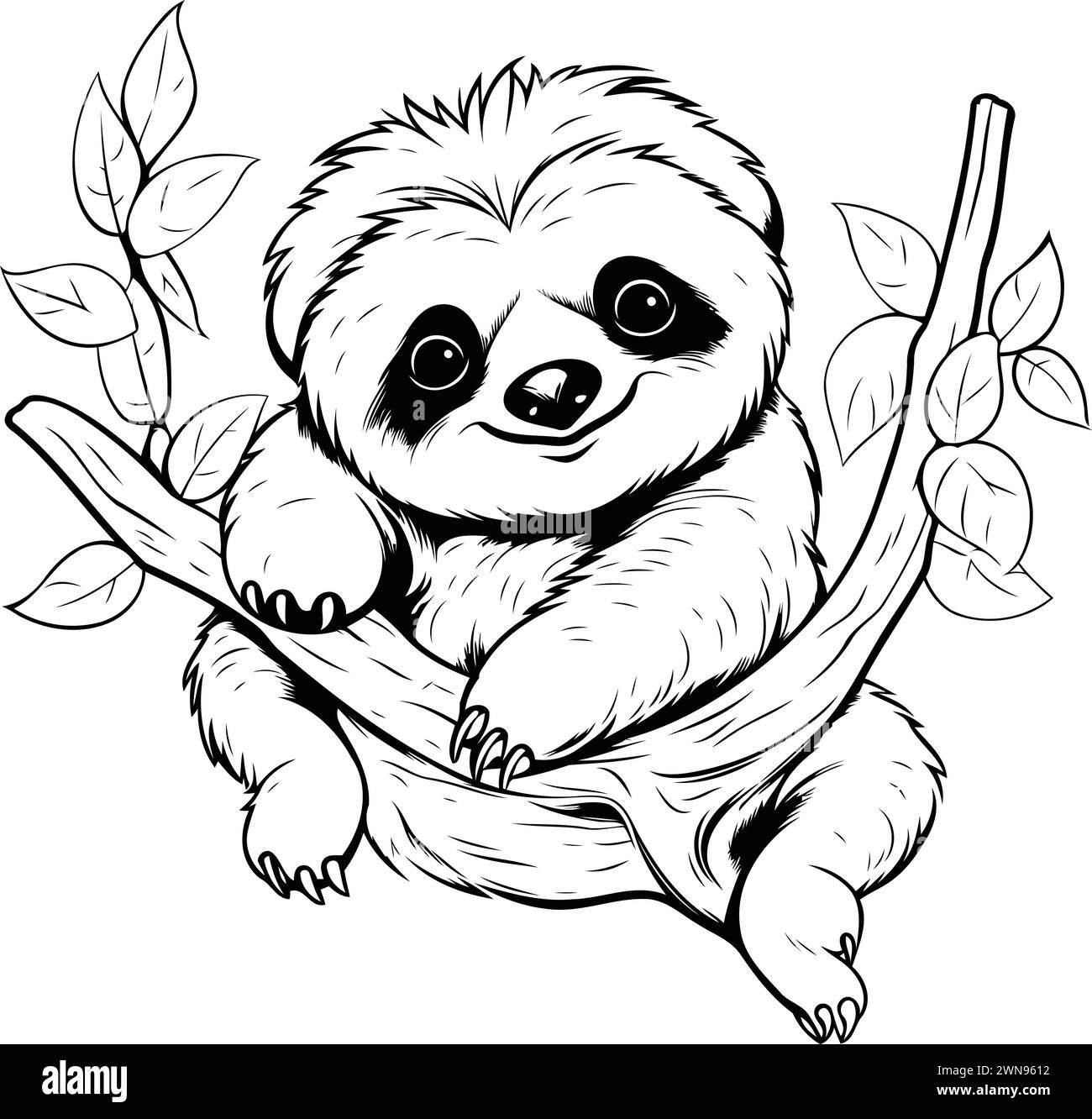 Cute cartoon sloth on a tree branch. Vector illustration Stock Vector