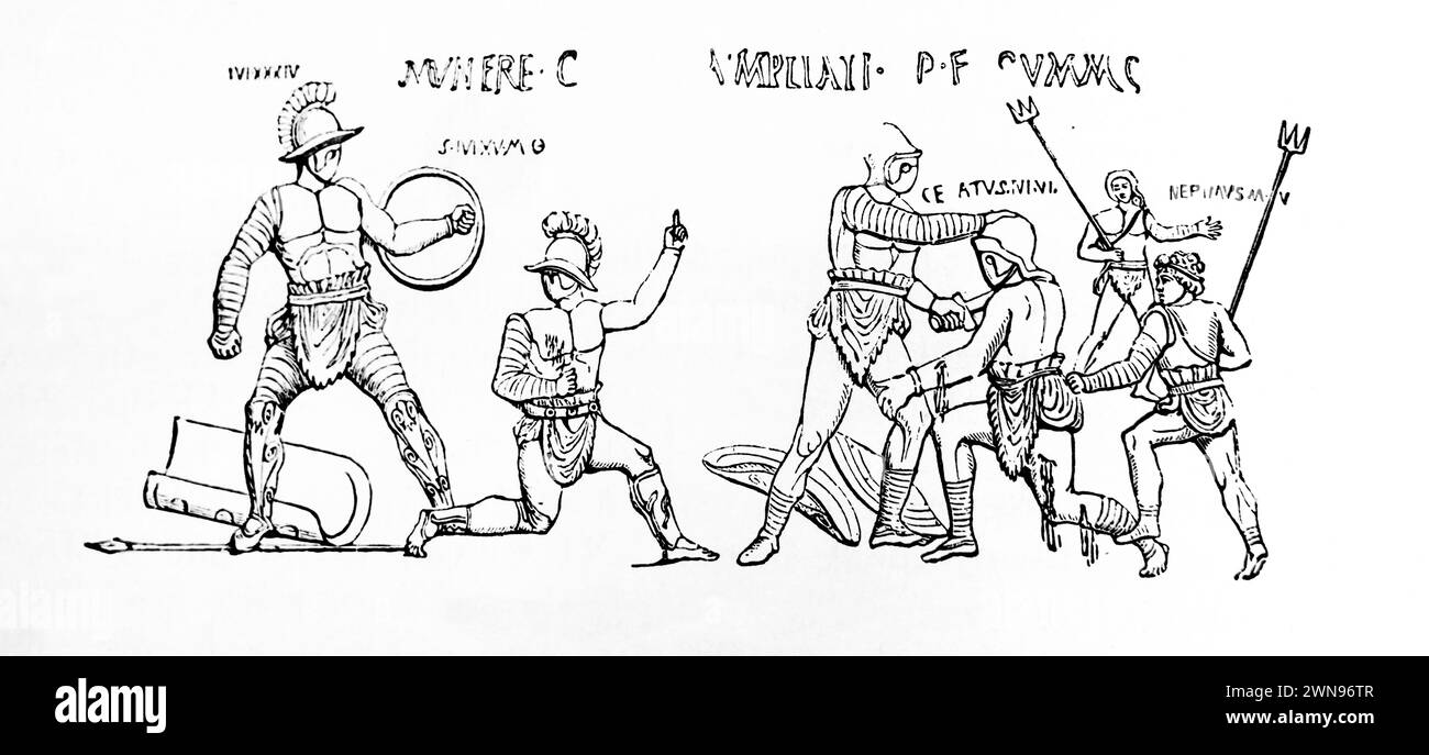 Illustration of Roman Gladiatorial Combats in Antique 19th Century Illustrated Family Bible Stock Photo