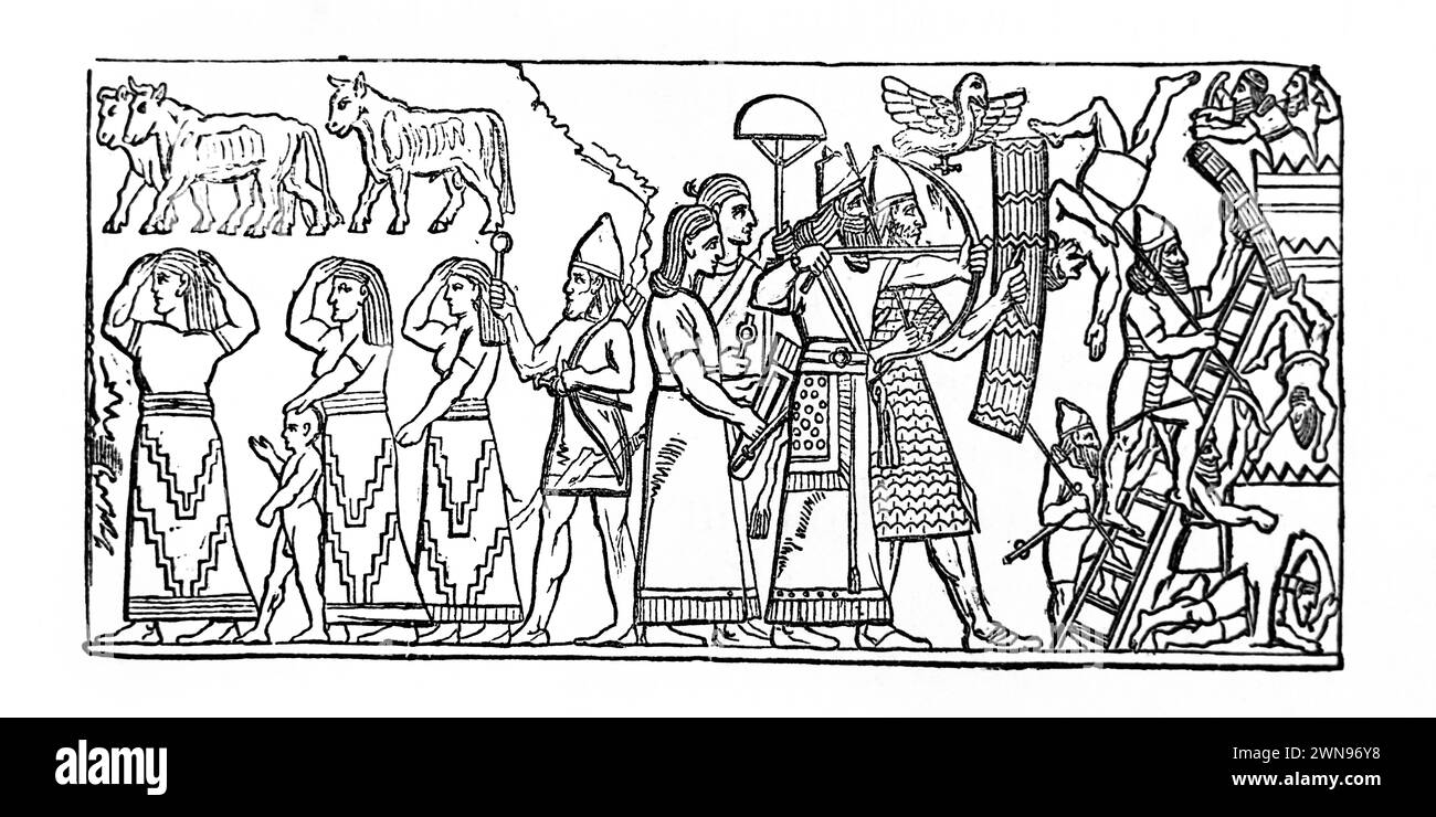 Illustration of Assyrian Warfare Taking a City from Antique 19th Century Illustrated Family Bible Stock Photo