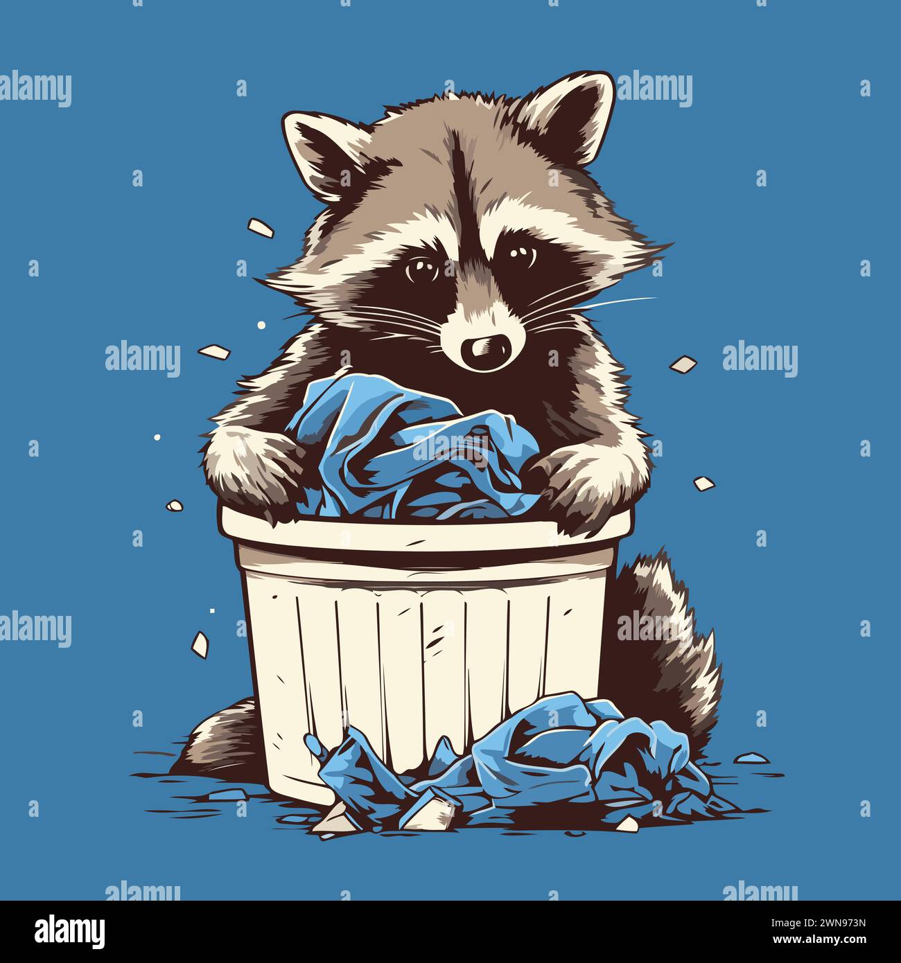 Illustration of a Raccoon in a trash can full of garbage Stock Vector