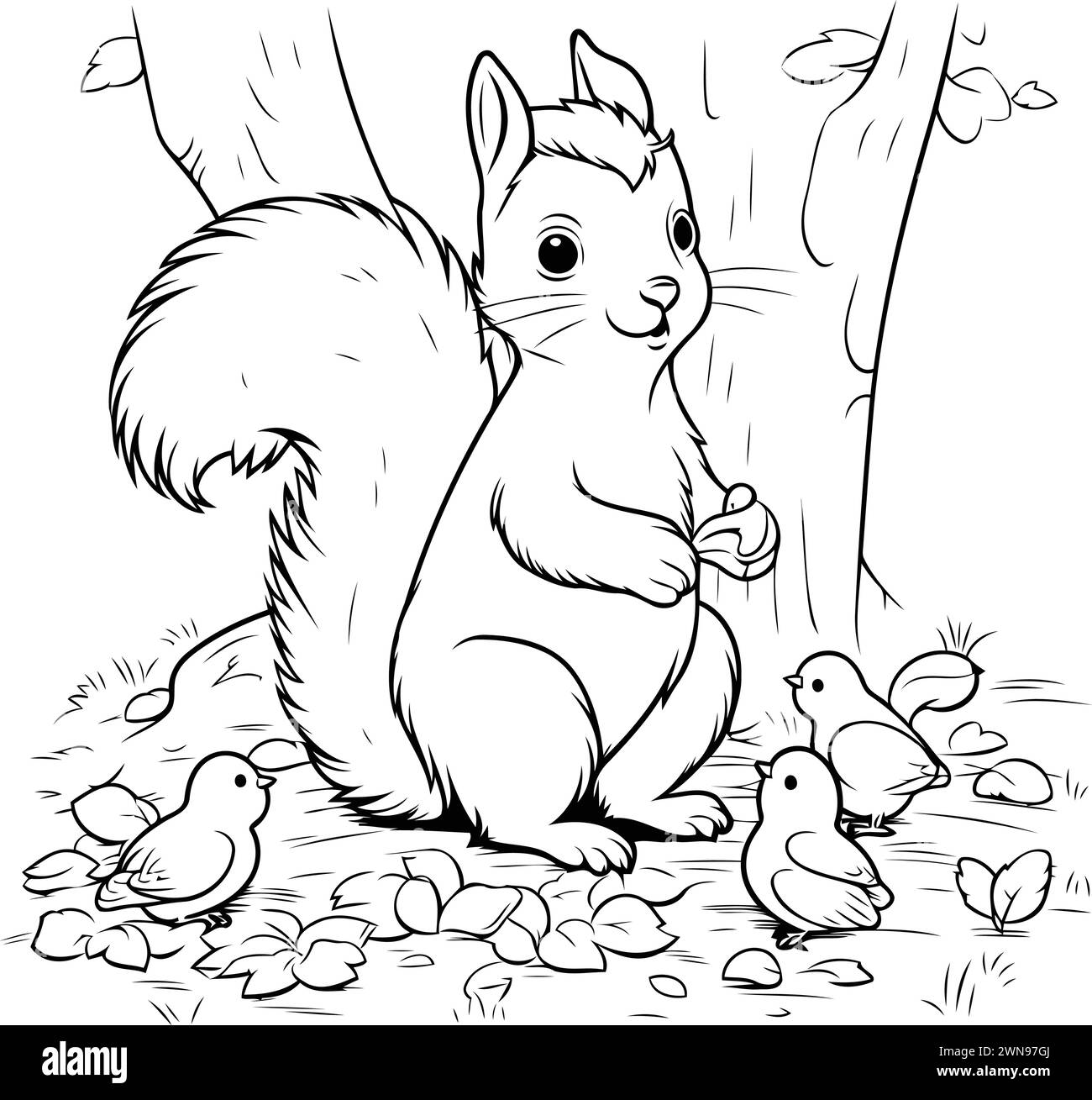 Squirrel and chicks in the forest. Black and white vector illustration