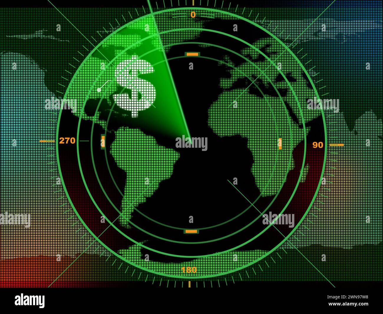 Radar screen locating business opportunities over the world. Digital illustration. Stock Photo