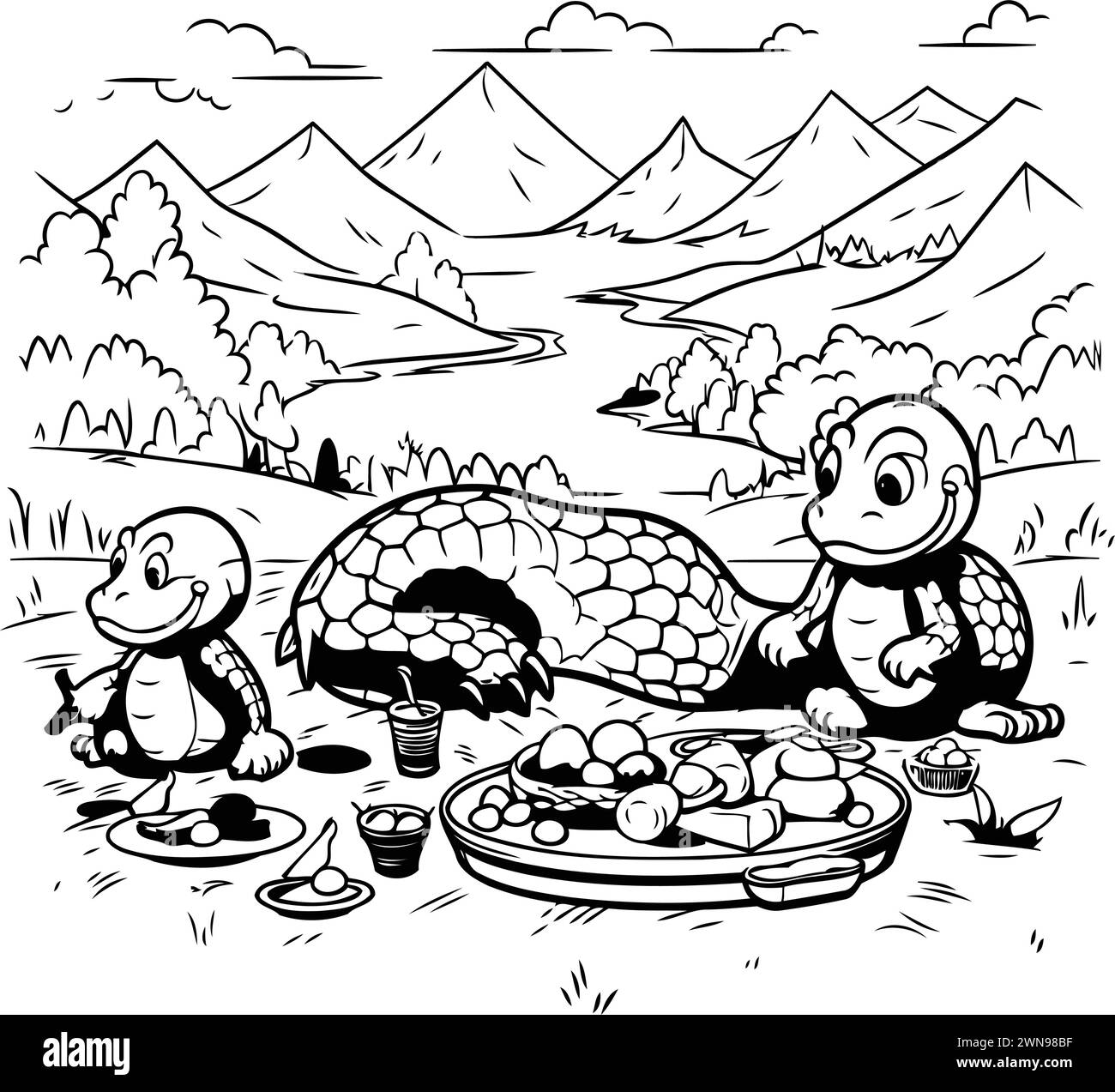 Turtle eating food. Black and white vector illustration for coloring book Stock Vector