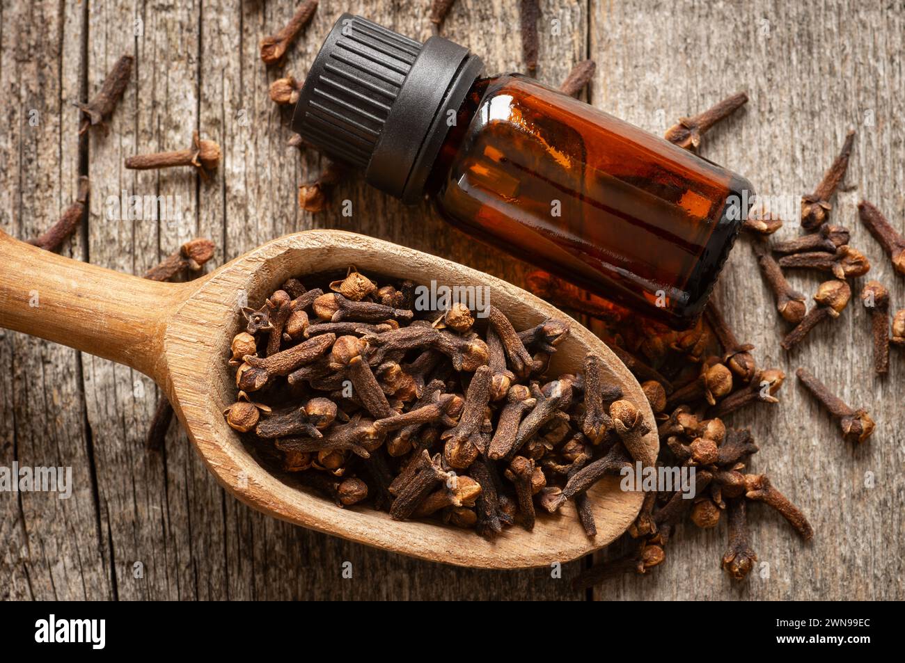 Close up glass bottle of essential clove oil and cloves in wooden shovel or spoon on wooden table. Herbs and spice oil concept Stock Photo