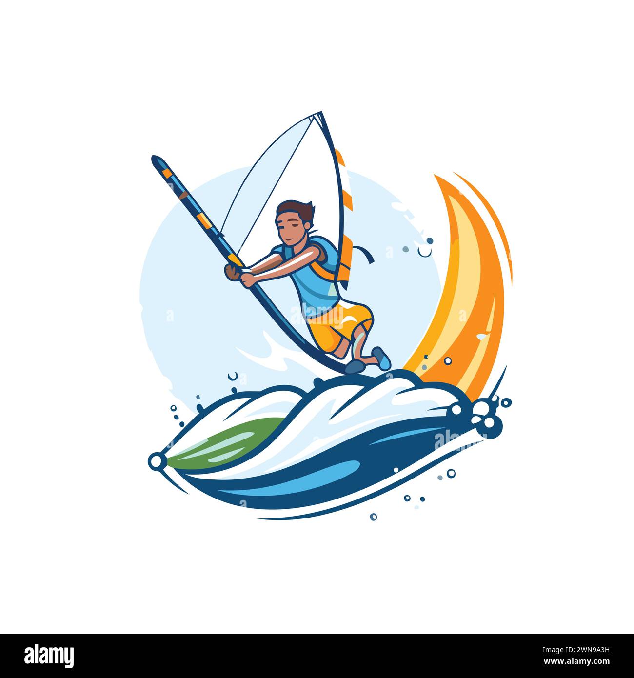 Windsurf icon. Vector illustration of a man surfing on the moon. Stock Vector
