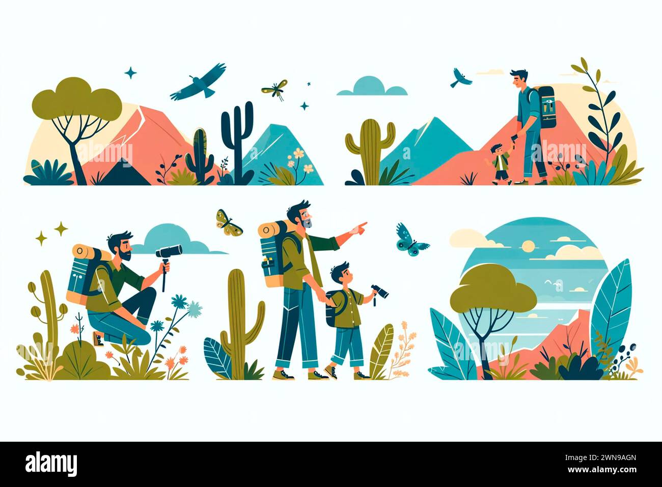 A vibrant illustration showing a father and child hiking, bird watching