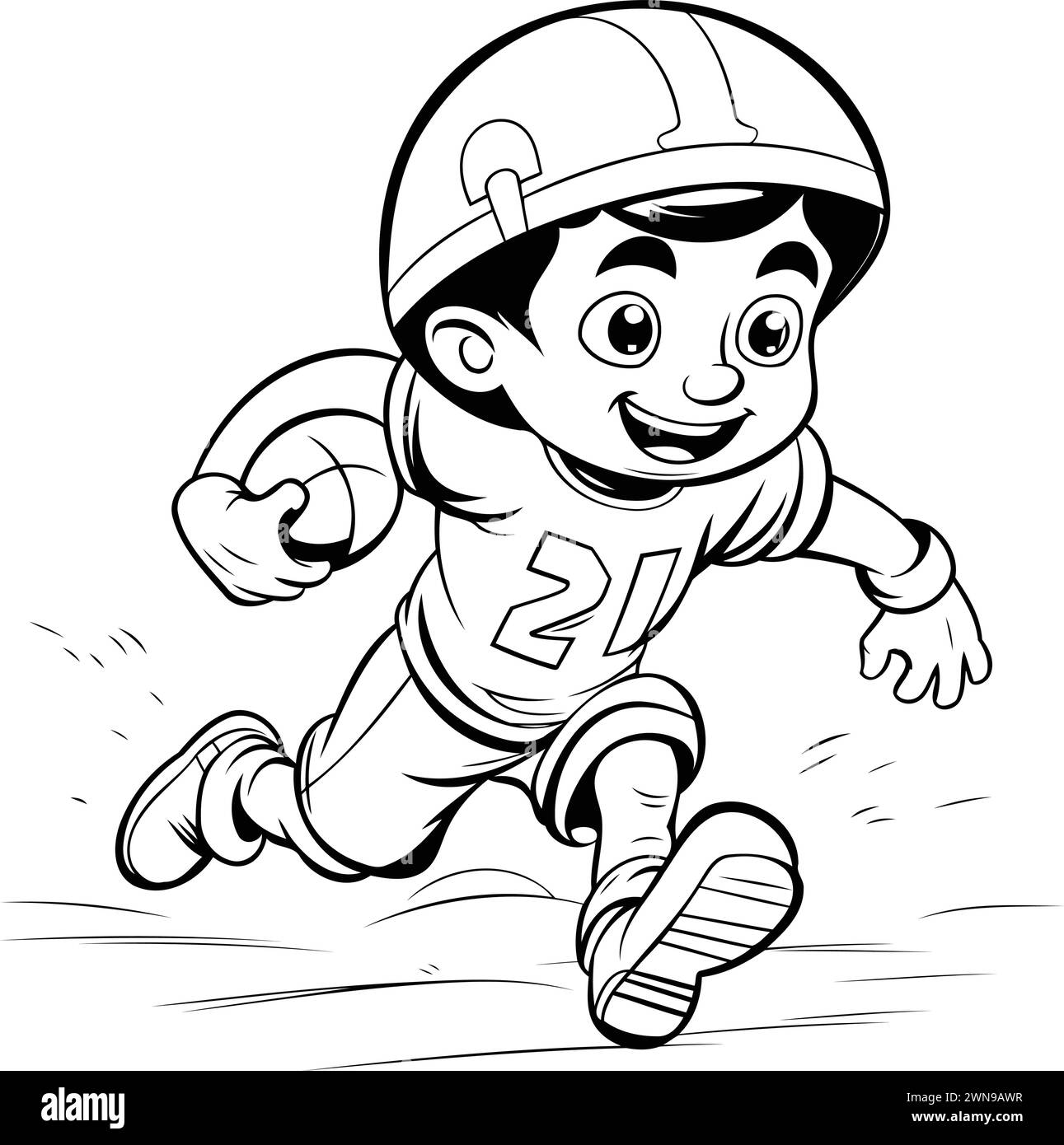 Football Player Running - Black and White Cartoon Illustration. Clip Art Stock Vector