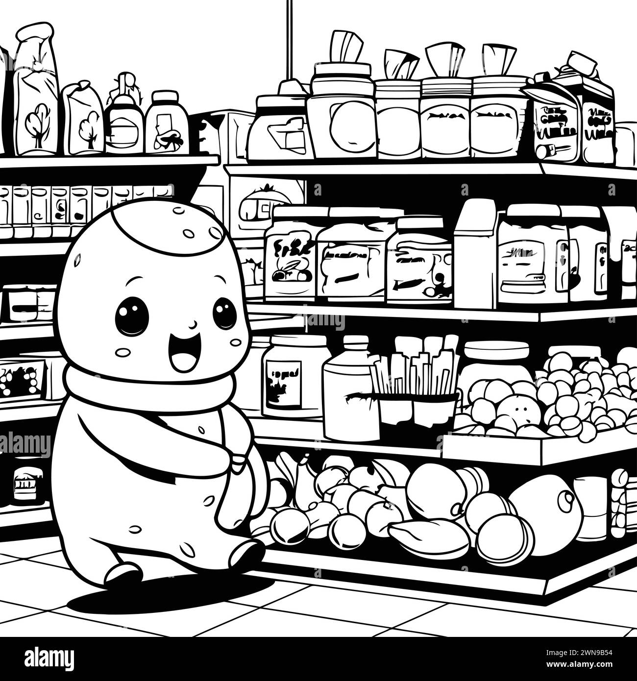 Black and White Cartoon Illustration of Cute Snowman in Grocery Store or Supermarket for Coloring Book Stock Vector