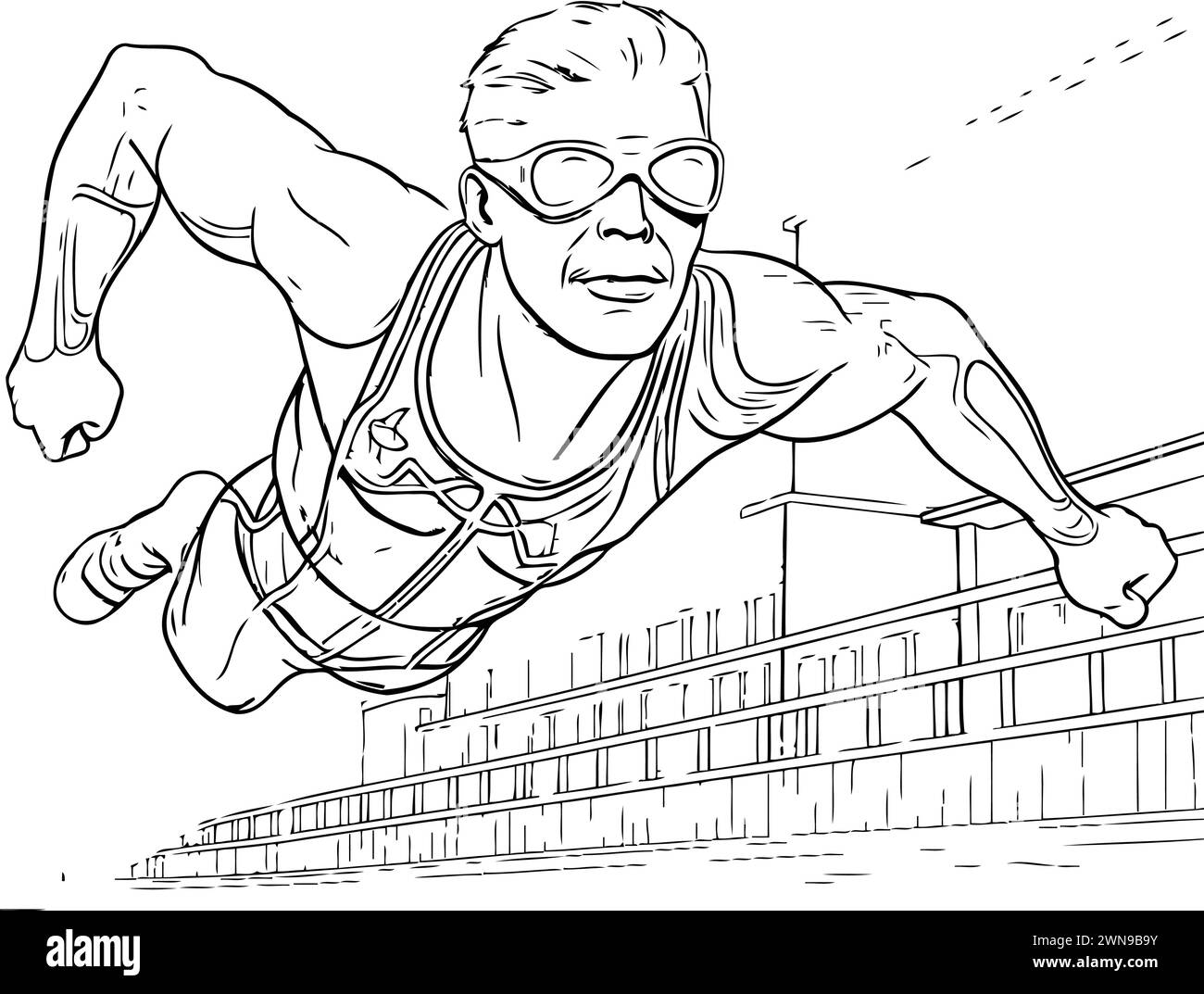 Cartoon style illustration of an old man superhero jumping over a skyscraper. Stock Vector