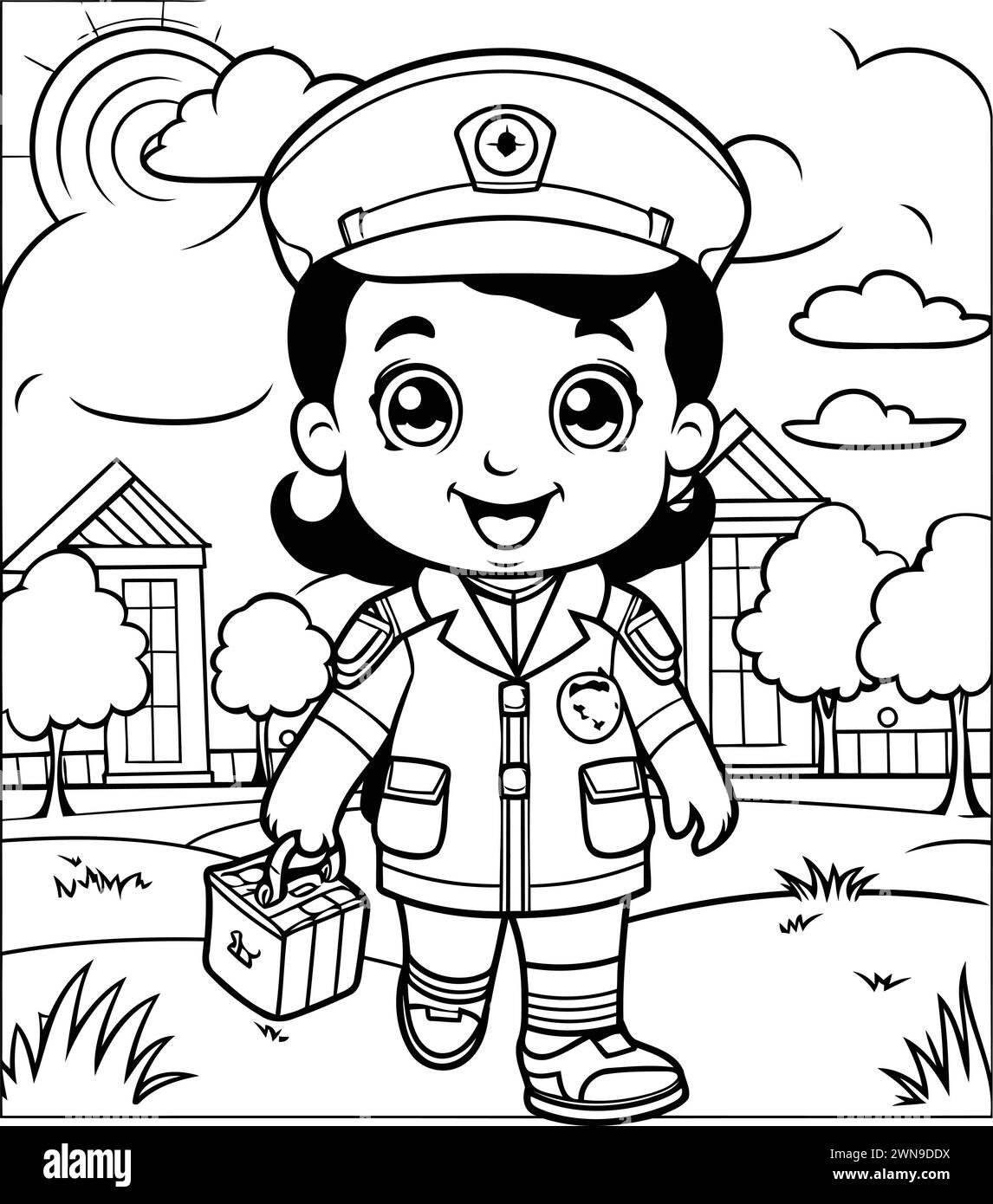 Coloring book for children: Girl firefighter with a bag of food Stock Vector