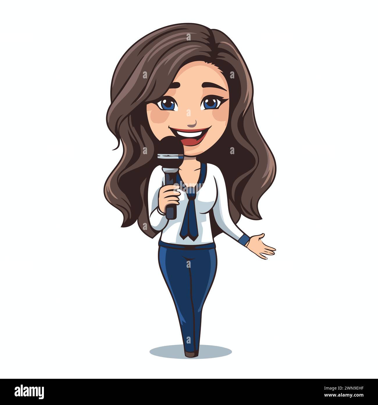 Cartoon woman reporter with microphone. Vector illustration of a ...