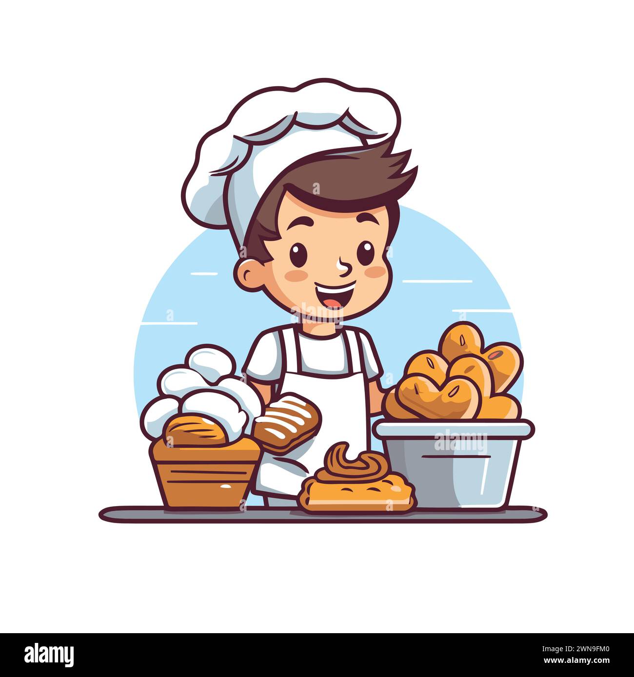 Cute cartoon boy chef with a basket of bread. Vector illustration. Stock Vector