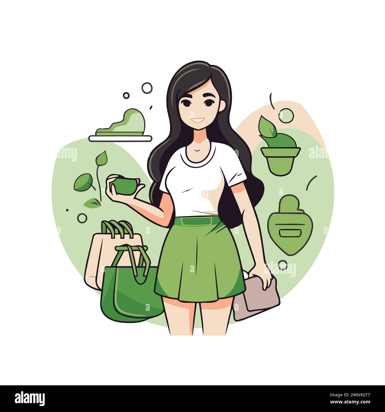 Vector illustration of a girl with a green bag on a background of green ...