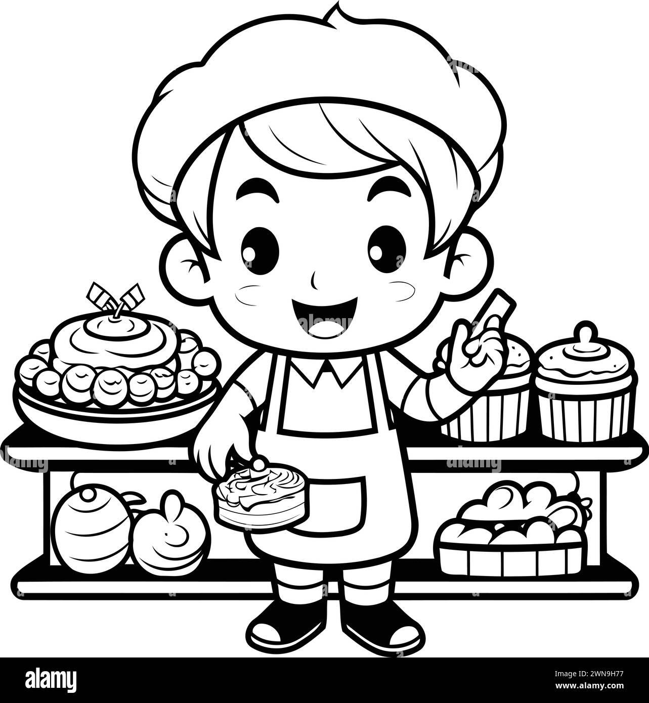 Black and White Cartoon Illustration of Cute Little Boy Chef with Cake for Coloring Book Stock Vector
