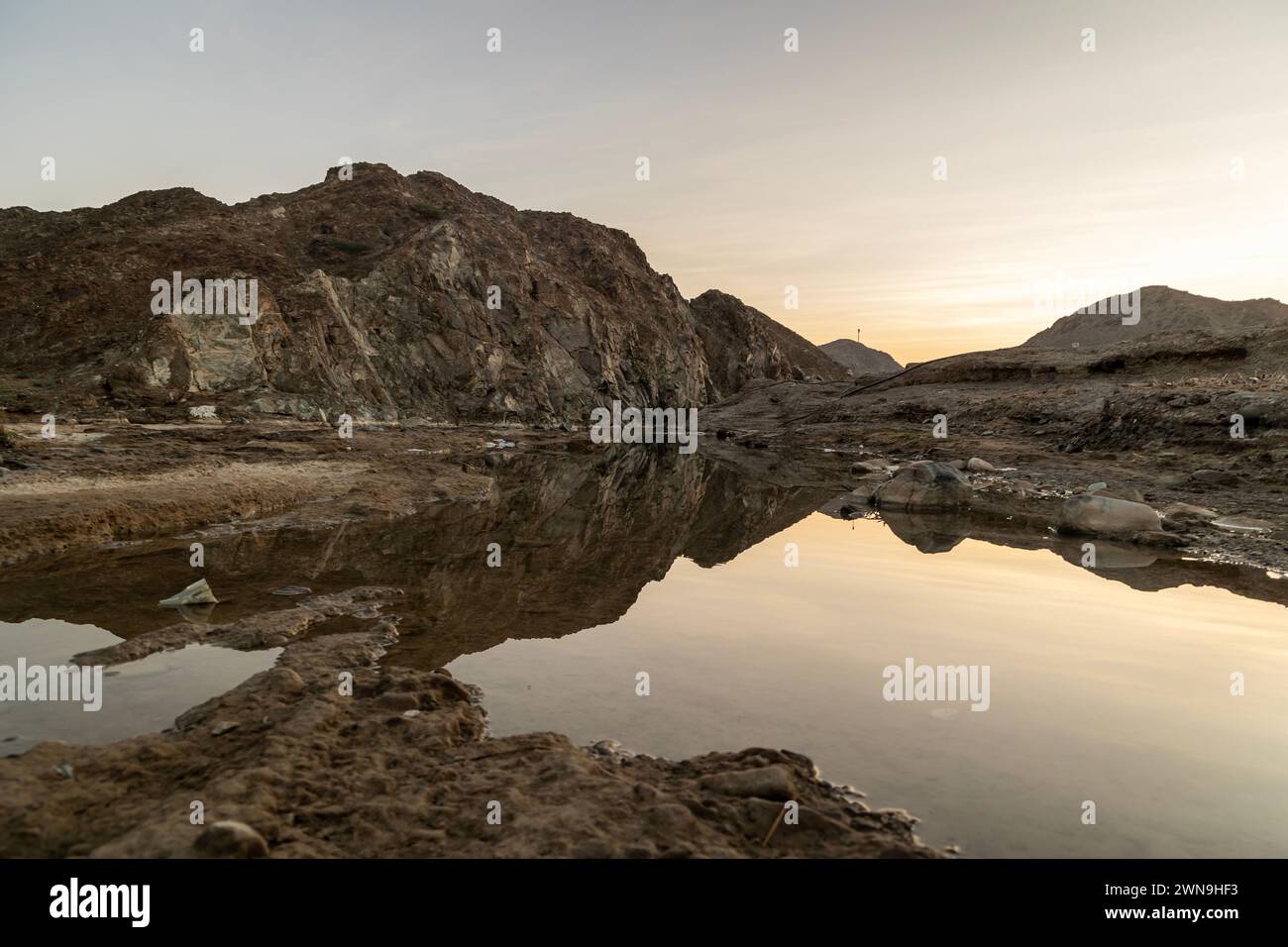 A small oasis with huge mountains in the background, beautiful view early morning from Sharjah. Stock Photo