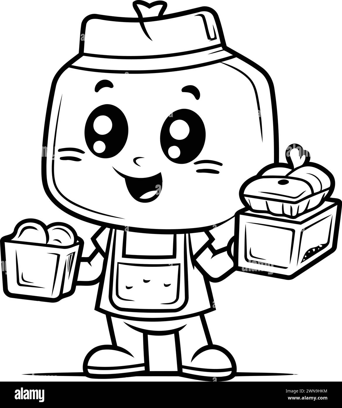 Black And White Cartoon Illustration of Cute Smiling Mascot Farmer Character with Food Boxes Stock Vector