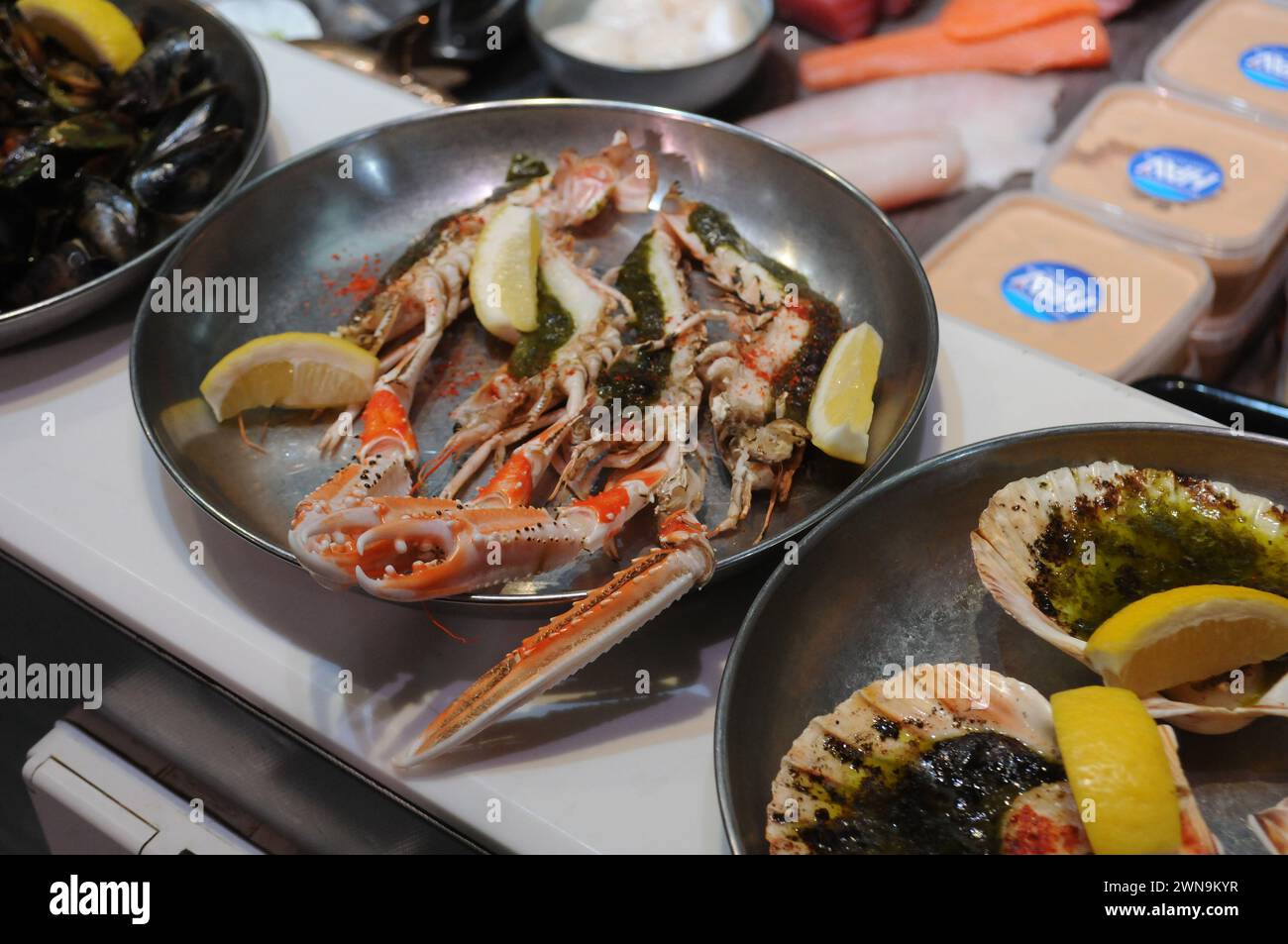 Copenhagen, Denmark /01 March 2024/ Seafood menu various fish on sale