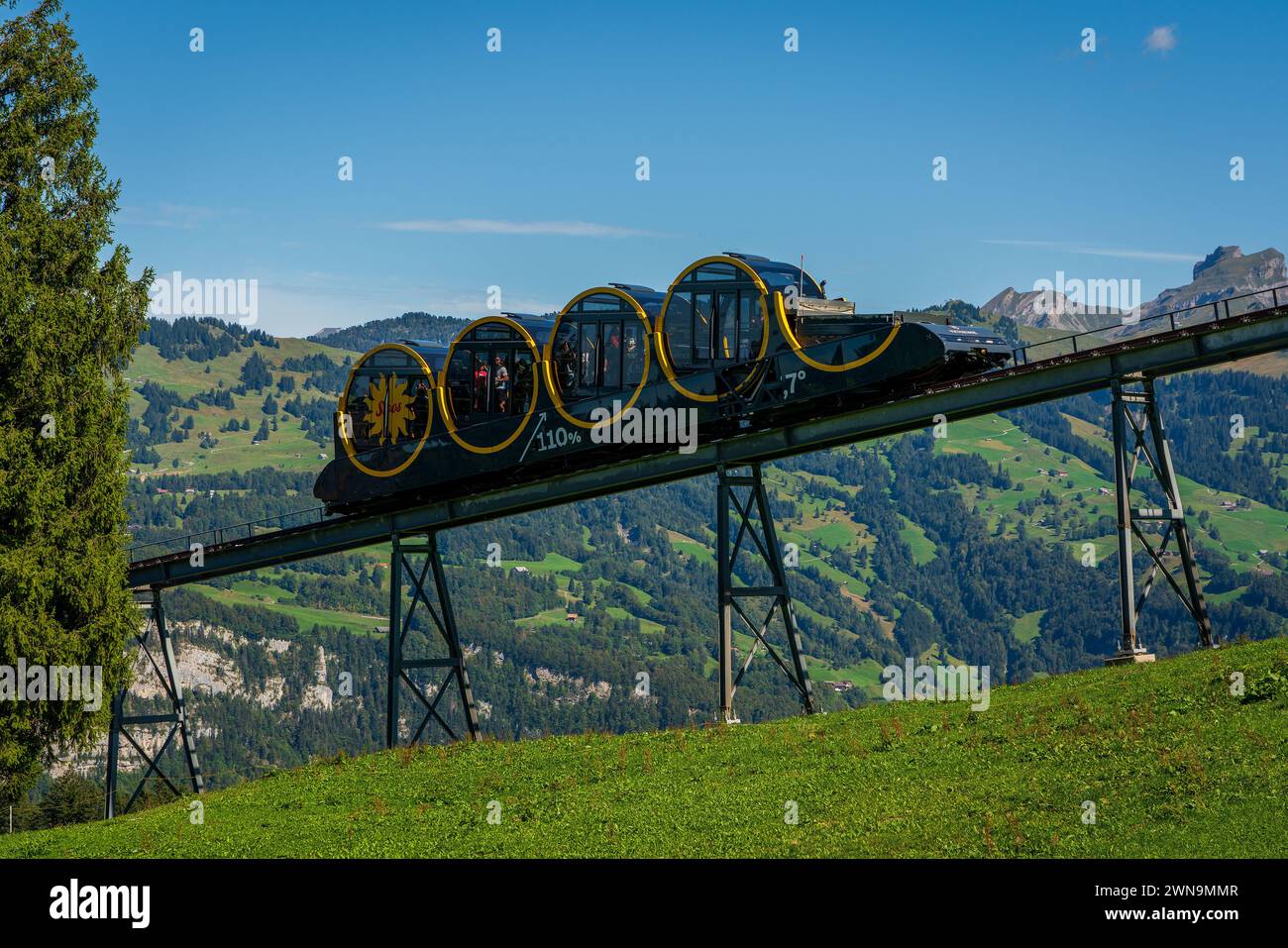 Schwyz–Stoos funicular is the steepest funicular in the world, Switzerland. Stock Photo