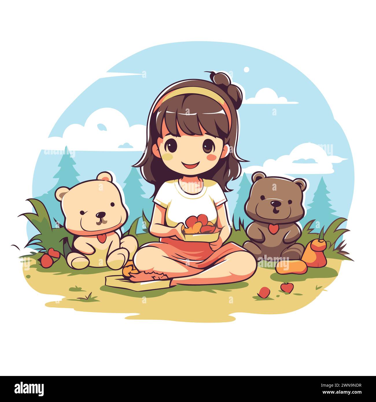 Little girl sitting on the grass with a basket of apples and teddy ...