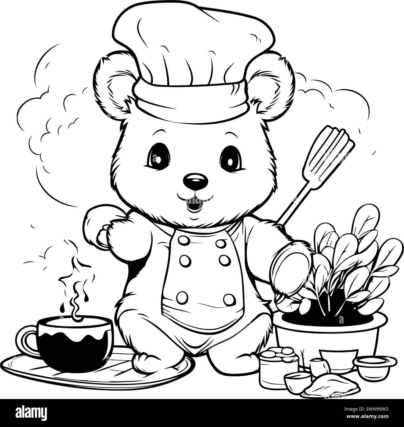 Black and White Cartoon Illustration of Cute Bear Chef for Coloring Book Stock Vector