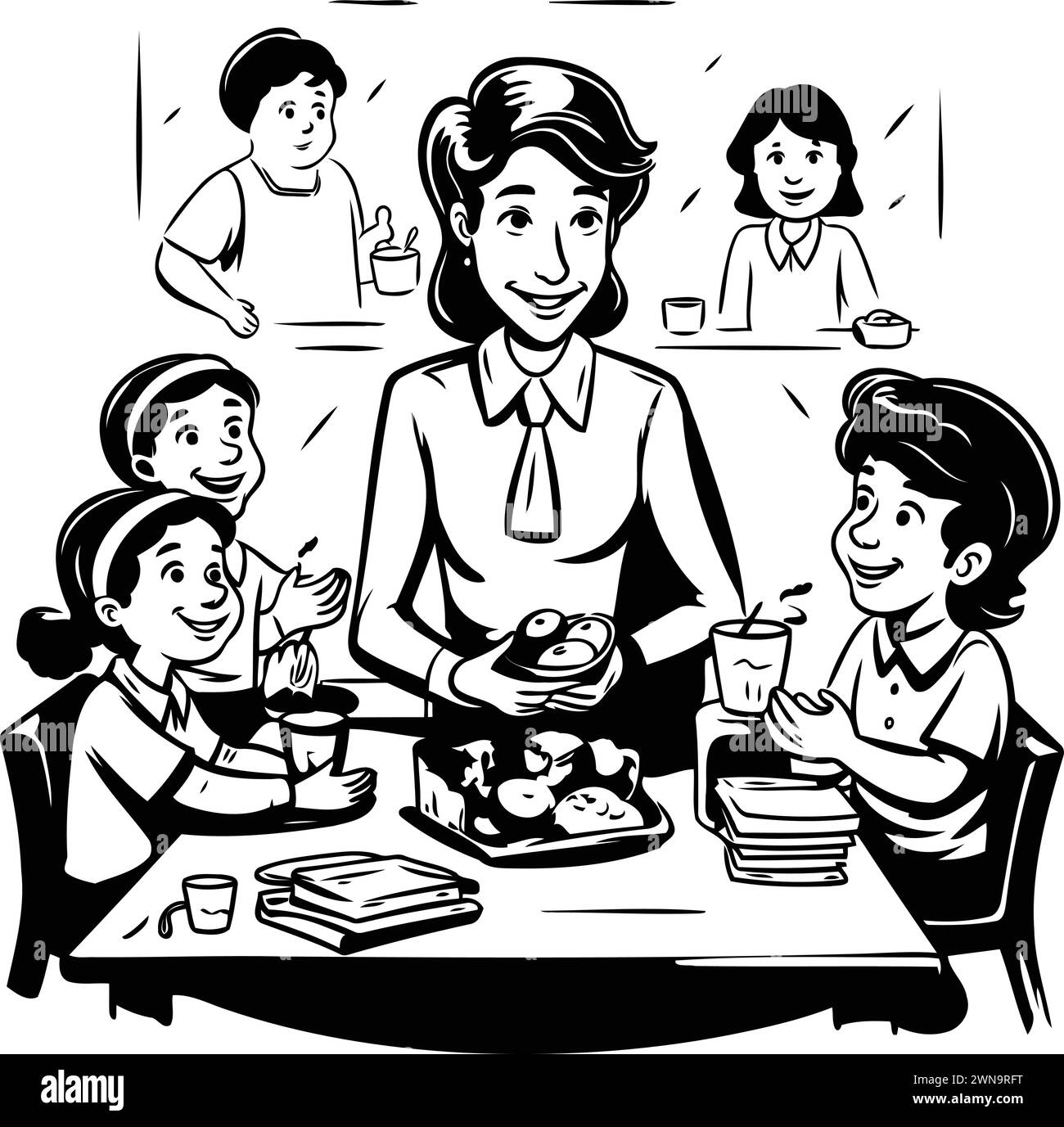 People eating in the cafe. Black and white vector illustration for coloring book. Stock Vector