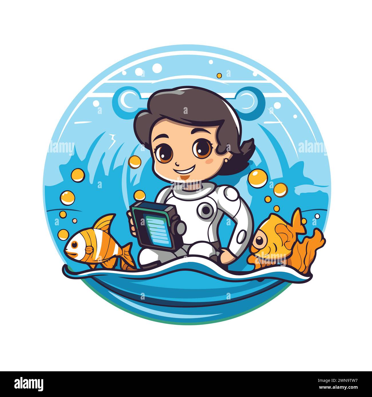 cute-little-boy-in-the-sea-with-a-robot-vector-illustration-stock