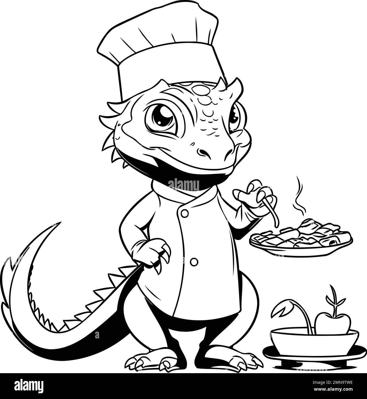 Illustration of a cute little crocodile chef with a plate of food Stock Vector