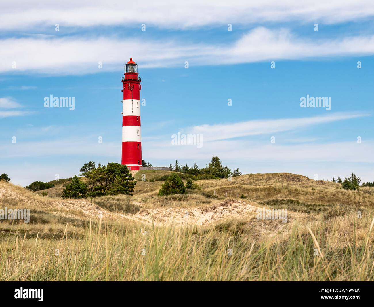 Lighthouse in dunes near Nebel on Amrum island, North Frisia, Schleswig-Holstein, Germany Stock Photo