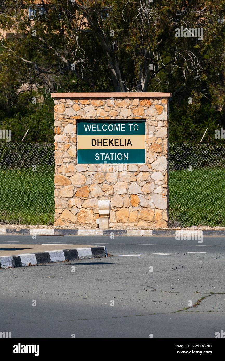 Welcome to Dhekelia Station sign at the entrance to the camp. Larnaca, Cyprus. Feb 2024 Stock Photo