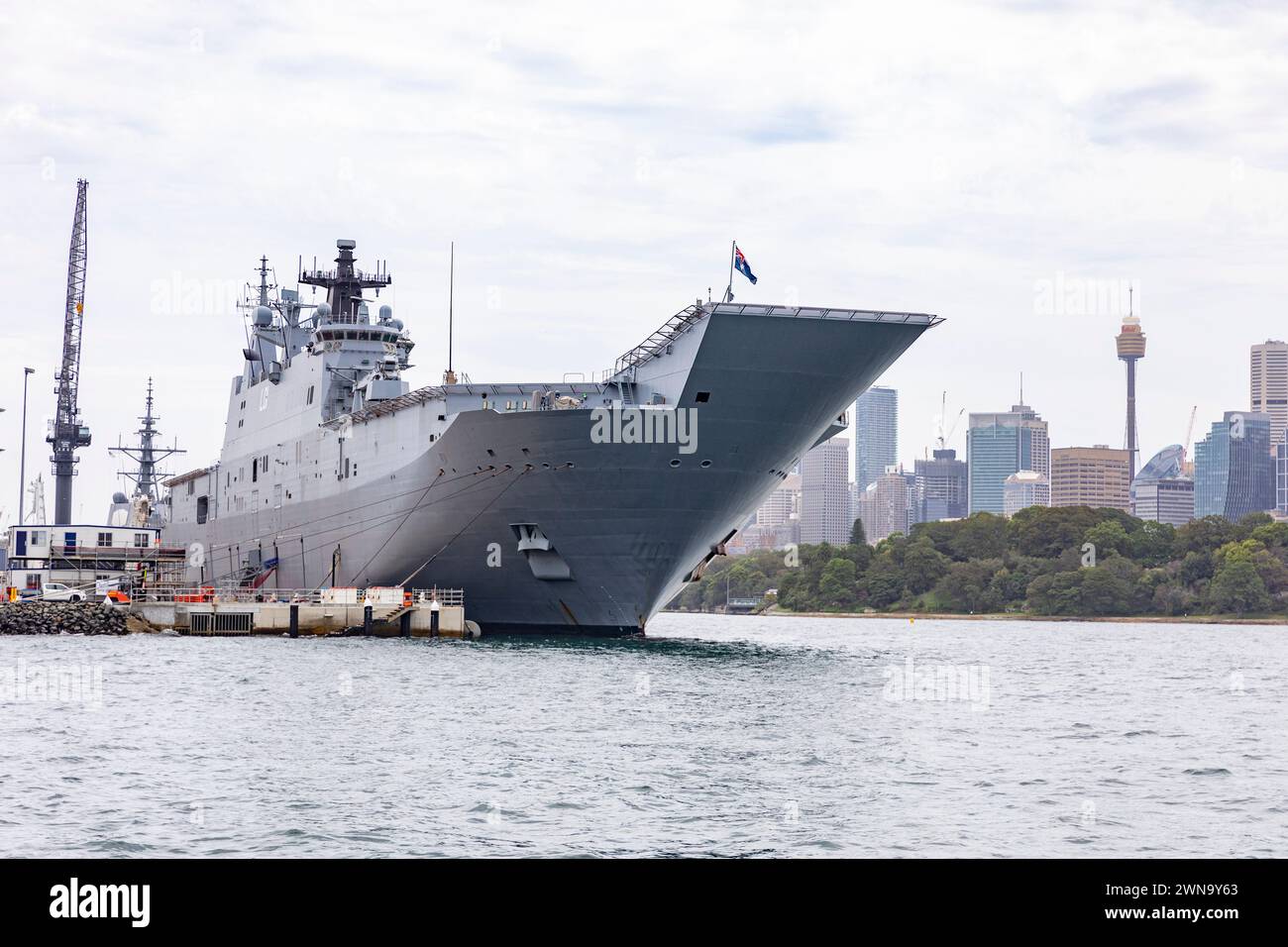 Garden Island naval base in Sydney, HMAS Adelaide Canberra class helicopter landing ship, L01, NSW,Australia,2024 Stock Photo