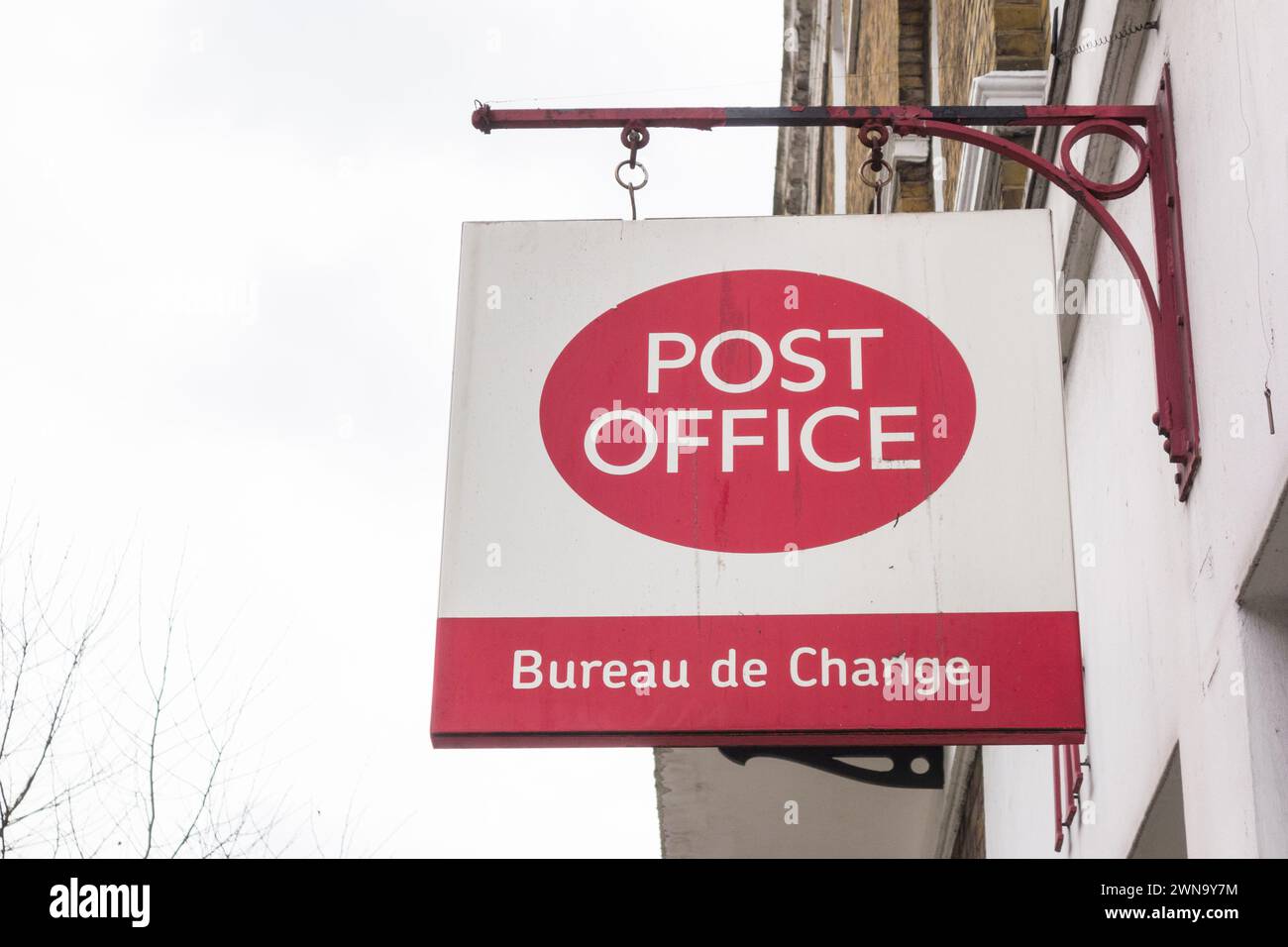 Close up of Baker Street Post Office and Bureau de Change signage