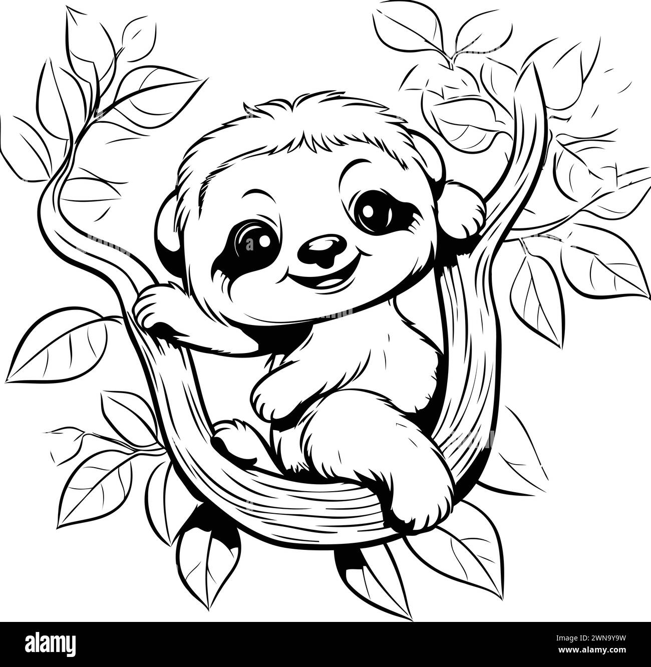 Cute cartoon sloth in the tree. Black and white vector illustration