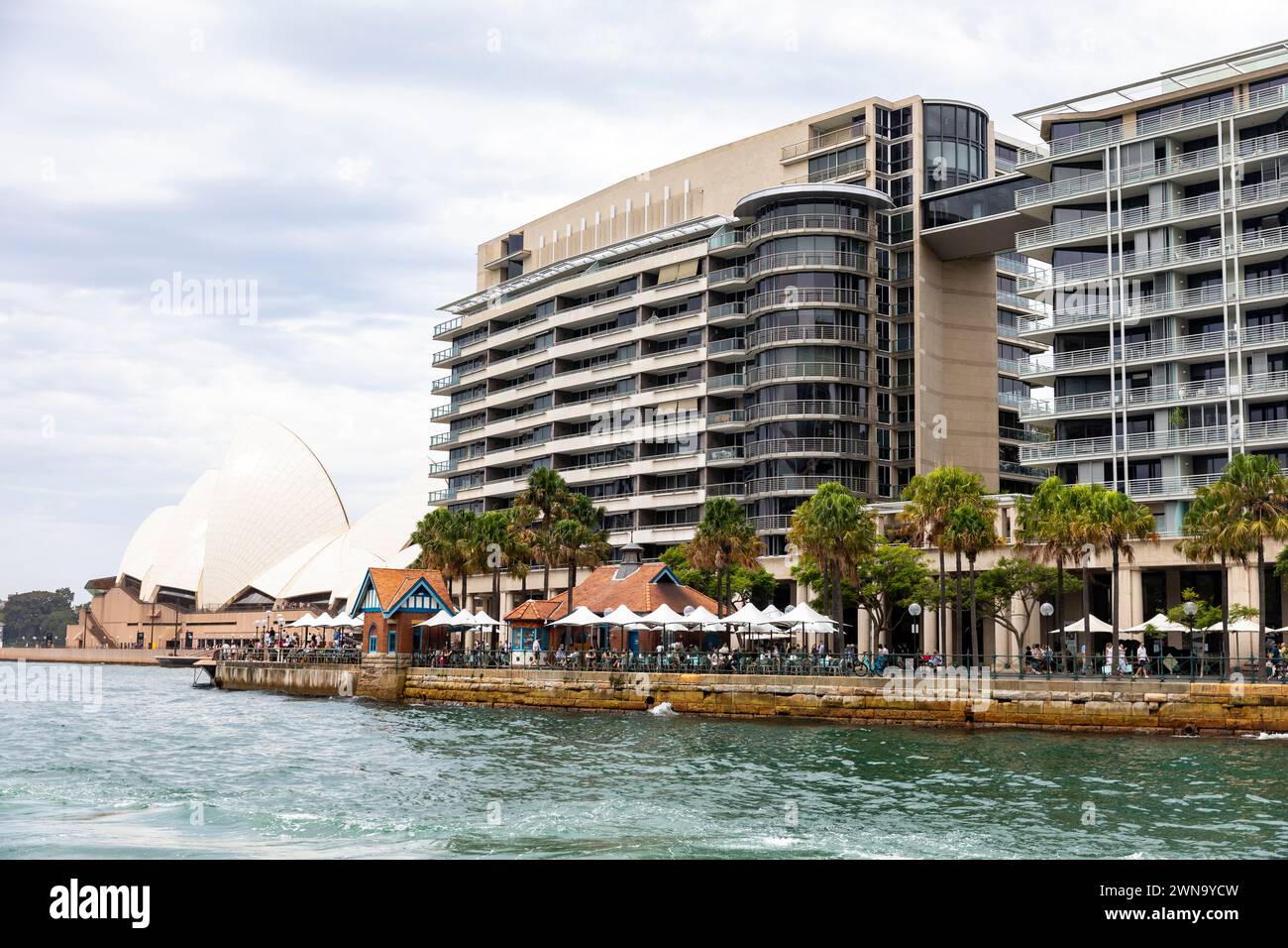 Circular Quay Sydney,  Bennelong apartments, the toaster building, residential apartments flats in Sydney city centre with harbour views,Australia Stock Photo
