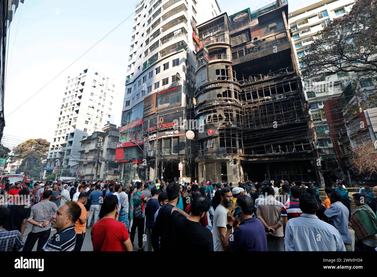 Dhaka, Bangladesh - March 01, 2024: A devastating blaze ravaged the Green Cozy Cottage building on Dhaka's Bailey Road killing at least 46 people. Stock Photo