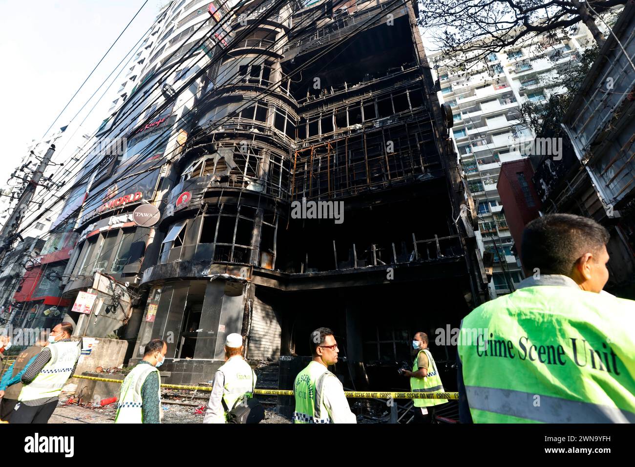 Dhaka, Bangladesh - March 01, 2024: A devastating blaze ravaged the Green Cozy Cottage building on Dhaka's Bailey Road killing at least 46 people. Stock Photo