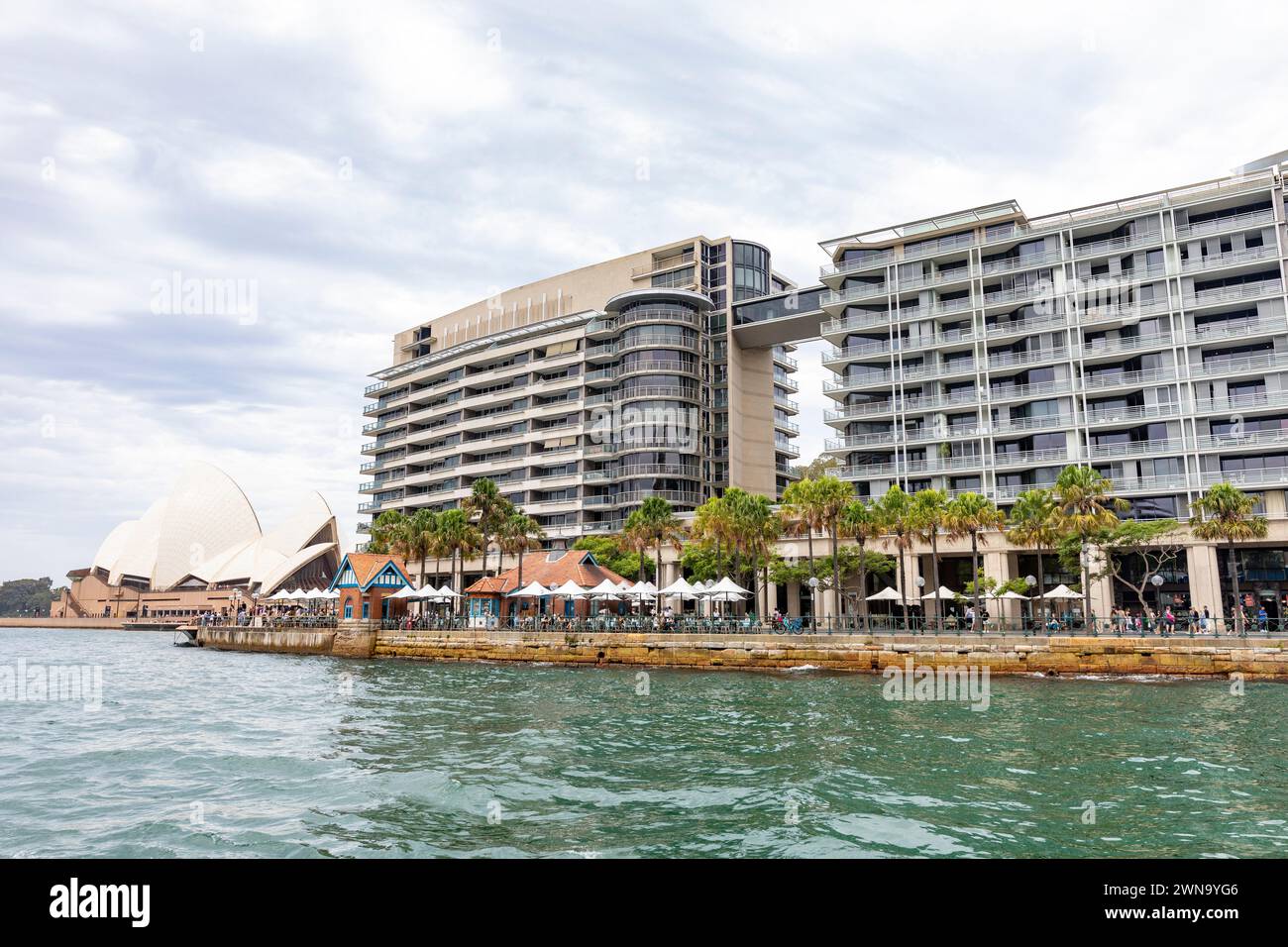 Circular Quay Sydney,  Bennelong apartments, the toaster building, residential apartments flats in Sydney city centre with harbour views,Australia Stock Photo