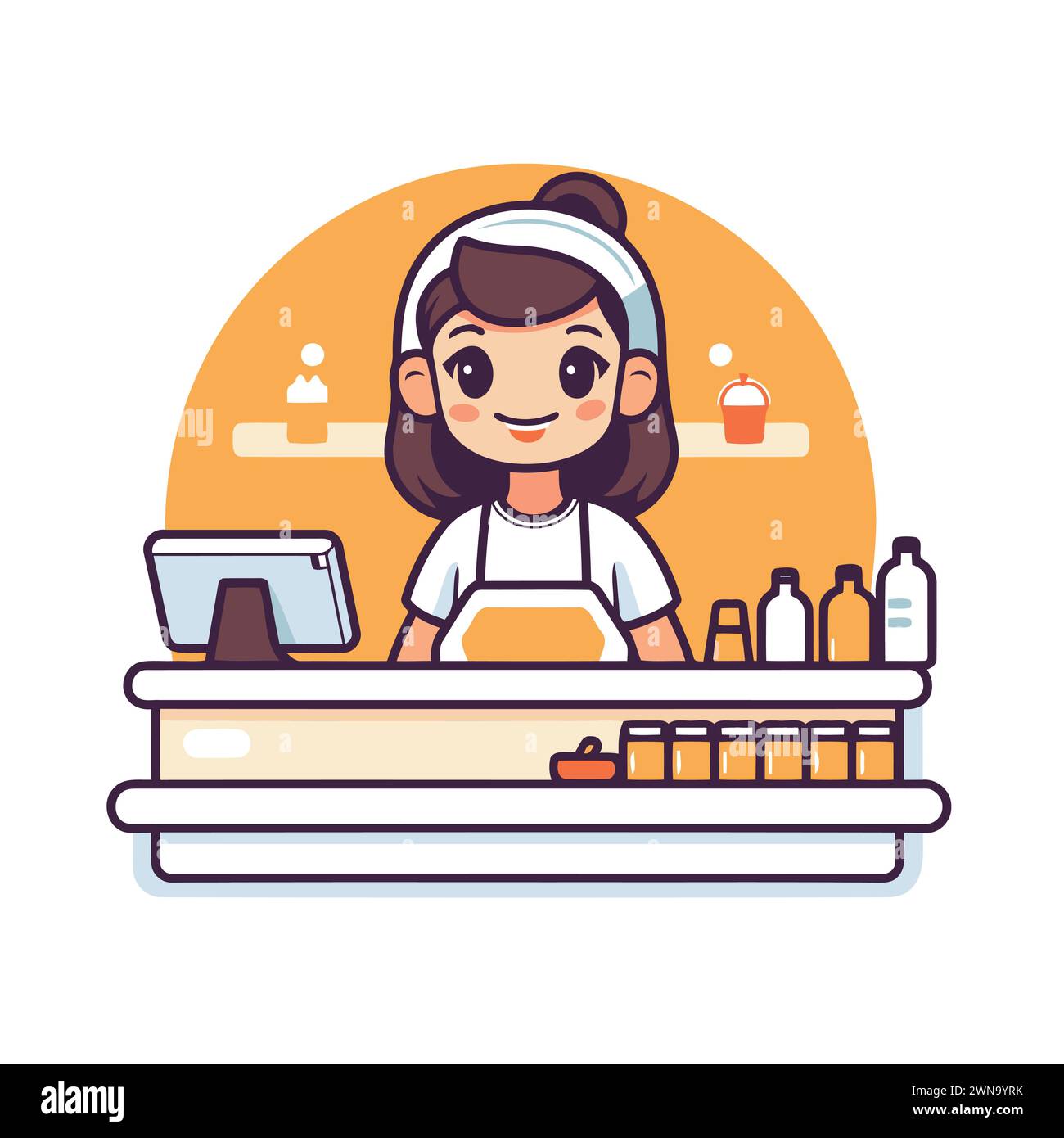 Cute little girl in apron and apron standing on the counter in