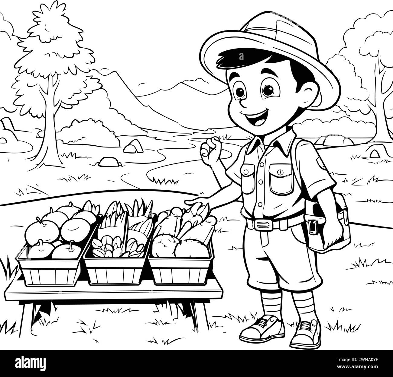 Boy scout with basket of vegetables. Vector illustration for coloring book. Stock Vector
