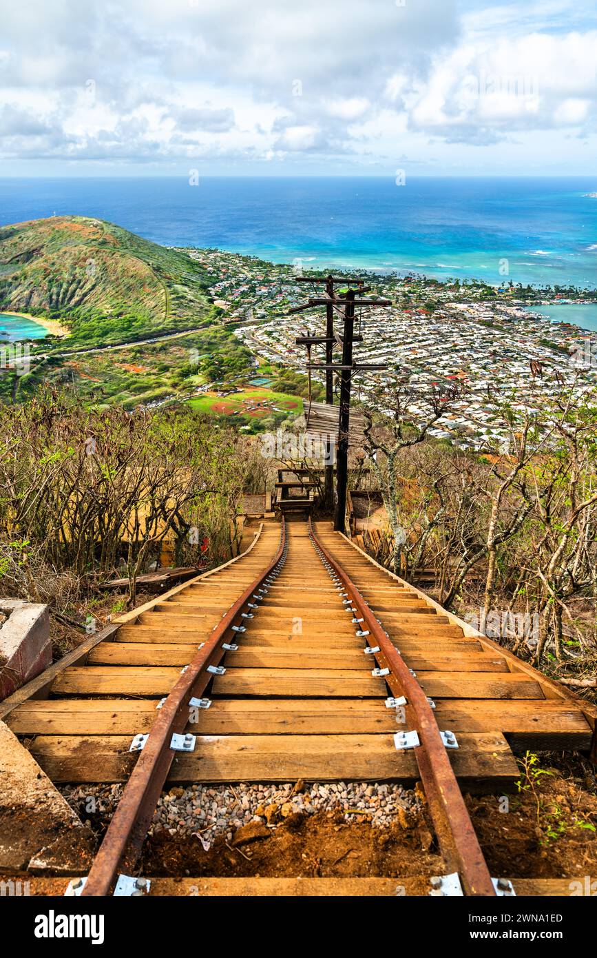 Koko Crater railway trail in Oahu - Hawaii, United States Stock Photo