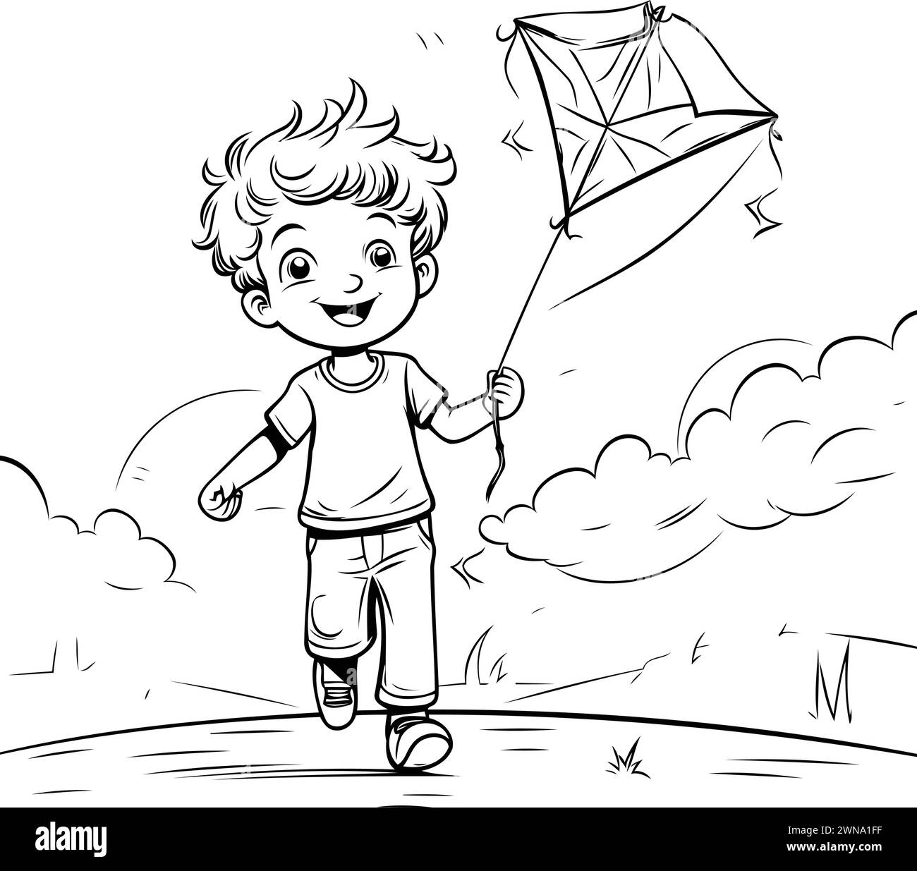 Cute little boy playing with a kite. sketch for your design Stock Vector