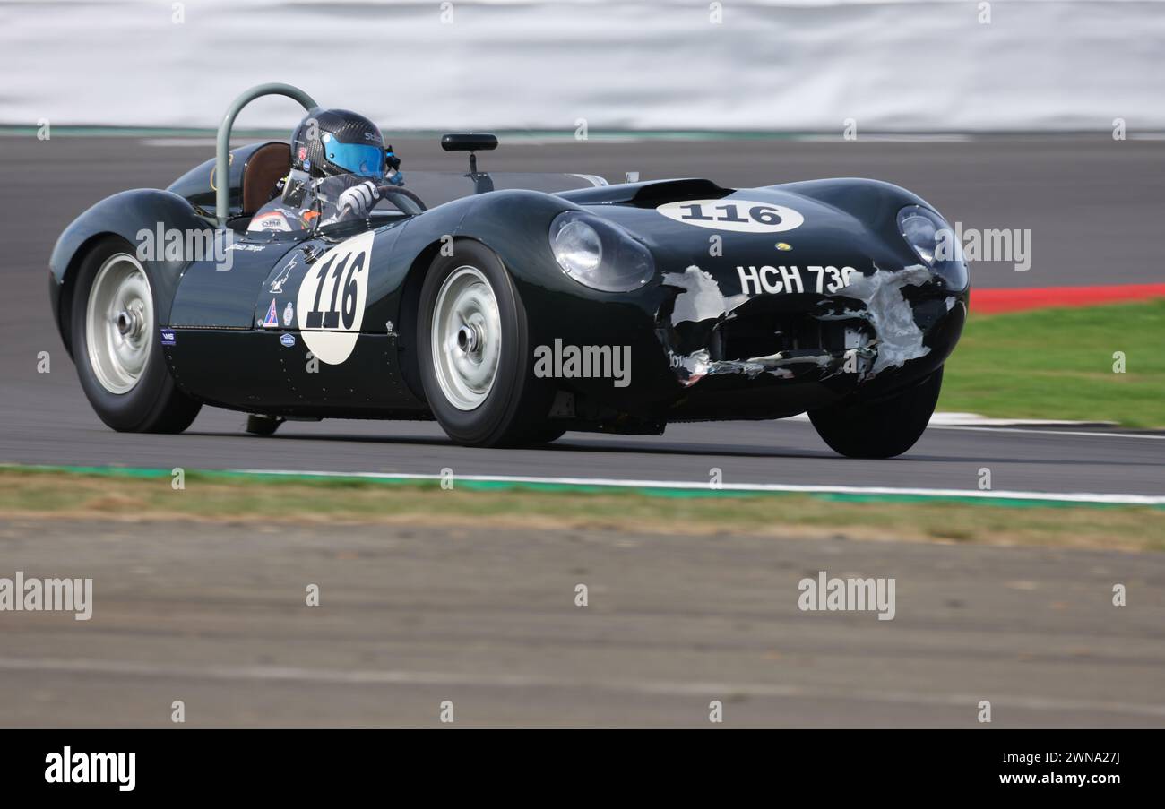 19/07/22  Competitors at The Classic drive a selection of some of the most precious and iconic racing, sports and F1 cars from history around Silverst Stock Photo
